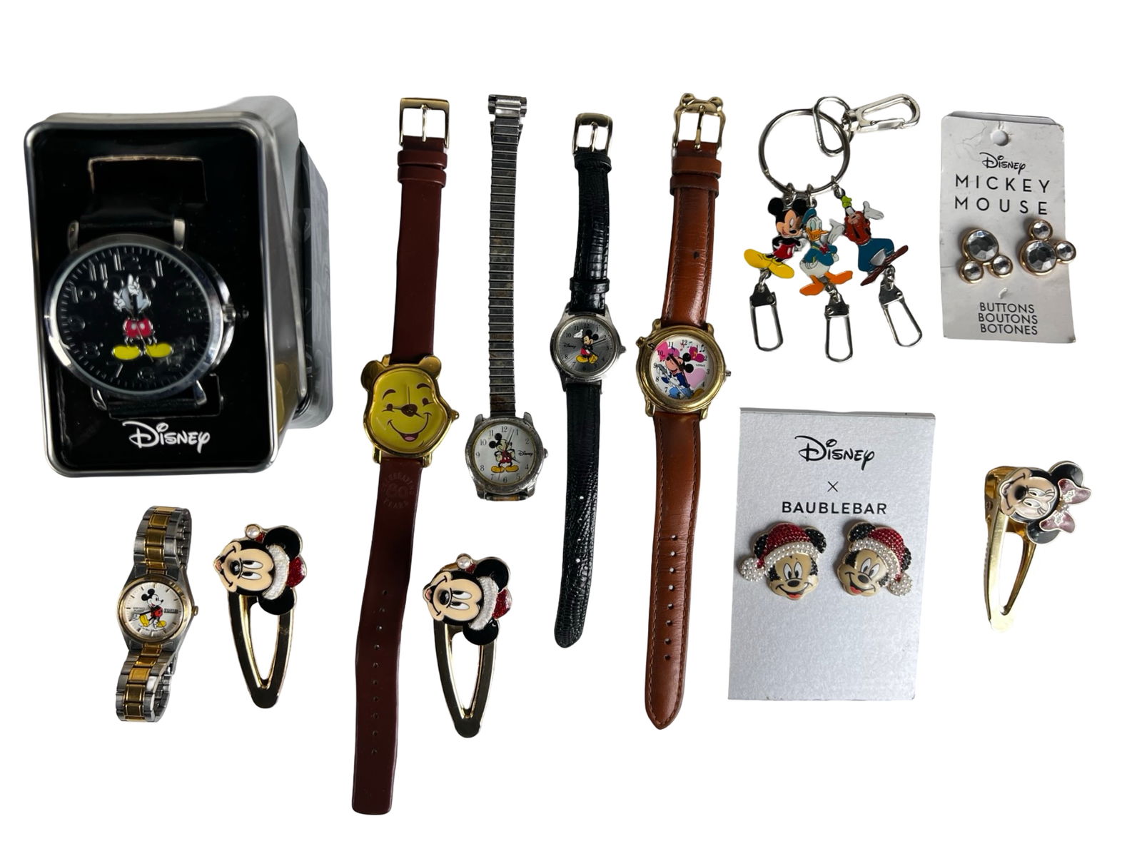 Vintage Disney Mickey Mouse Watches & Jewelry: Group of Vintage Disney Mickey Mouse Watches & Jewelry. Watches are untested.