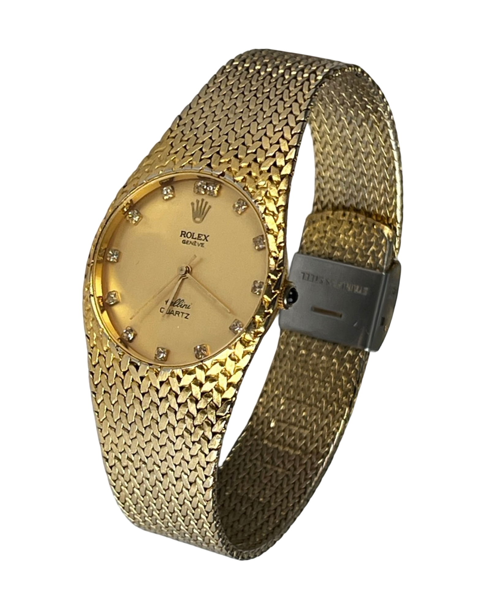 Retro Cellini Gold Tone Watch w/ Mesh Brac: Retro Cellini Gold Tone Wrist Watch with Integrated Mesh Bracelet. Good overall condition, untested w/o battery. Please Note: This lot is being sold simply as watch without any references to any world