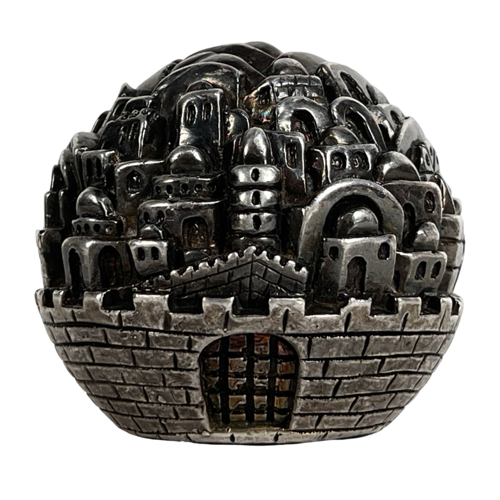 Sam Philipe Sterling Silver Jerusalem Paperweight: Finely crafted sterling silver sculpture titled Jerusalem 3000, depicting the Old City rendered in a compact domed architectural form with walls, gates, and layered historic structures. The highly