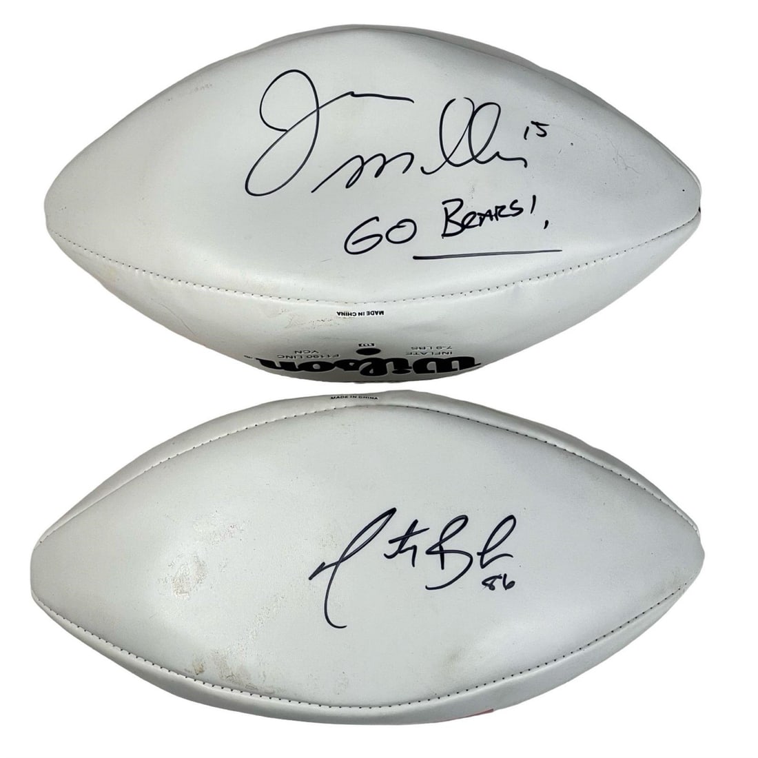 Jim Miller & Marty Booker Signed Bears Footballs: A pair of Wilson Pro footballs, autographed by Chicago Bears quarterback Jim Miller (#15) and wide receiver Marty Booker (#86). Miller's football includes the inscription "Go Bears!". A fantastic