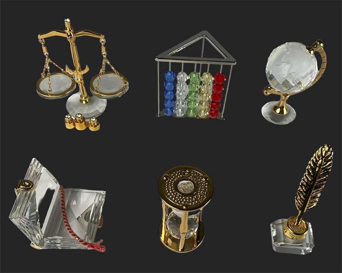 Swarovski Crystal Miniatures- Scales, Globe, Abacu: Charming collection of Swarovski Art Crystal miniatures featuring finely detailed desk-themed pieces. Includes a set of balancing scales with weights, an abacus with colorful beads, a crystal globe wi