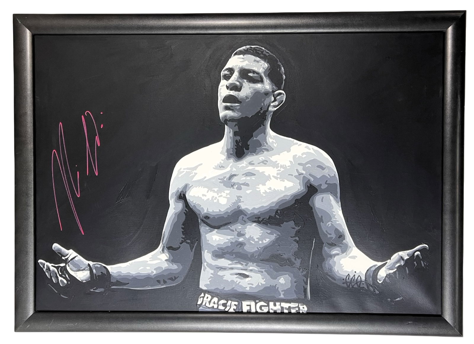 Neiman Gracie MMA Champ Signed Painting: Powerful original acrylic painting depicting celebrated MMA fighter Neiman Gracie in a dynamic grayscale portrait, capturing his signature calm, defiant stance inside the cage. Executed with layered