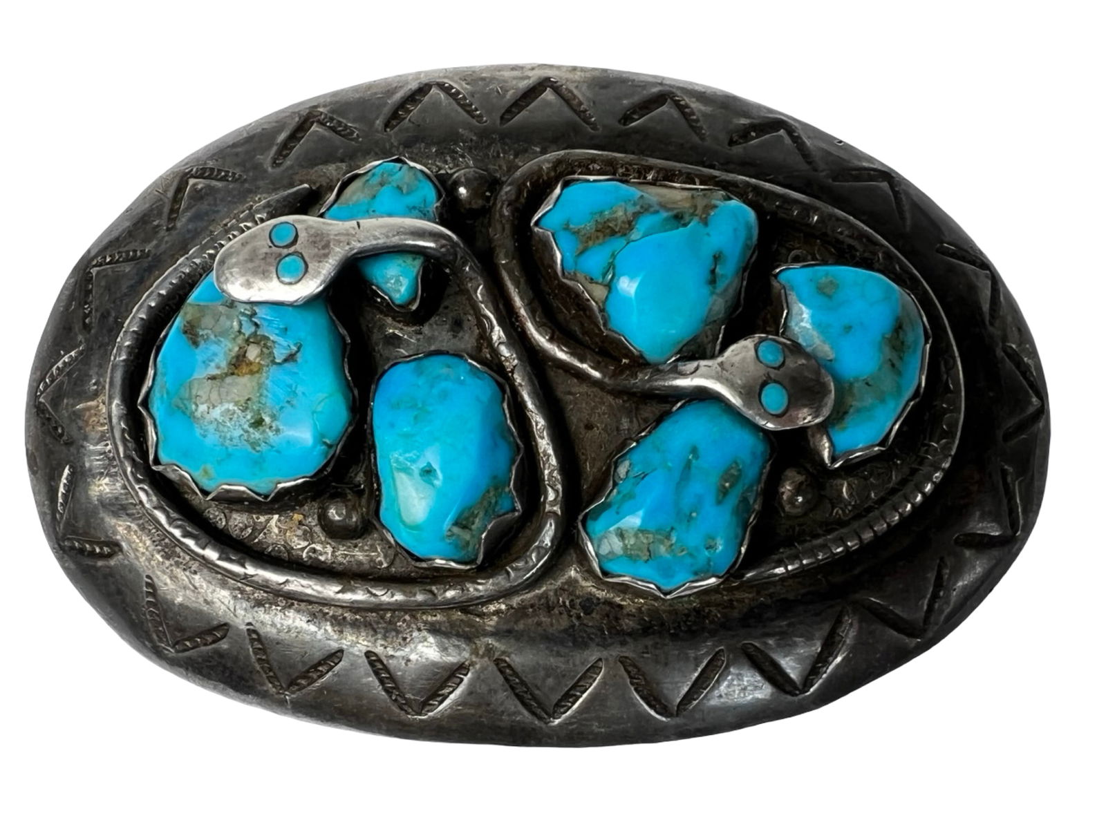 Calavaza Zuni Sterling Turquoise Belt Buckle: Striking handcrafted Zuni sterling silver belt buckle by renowned artisan Calavaza, celebrated for iconic snake-motif turquoise work. This oval buckle features a dramatic pair of sculpted serpents int