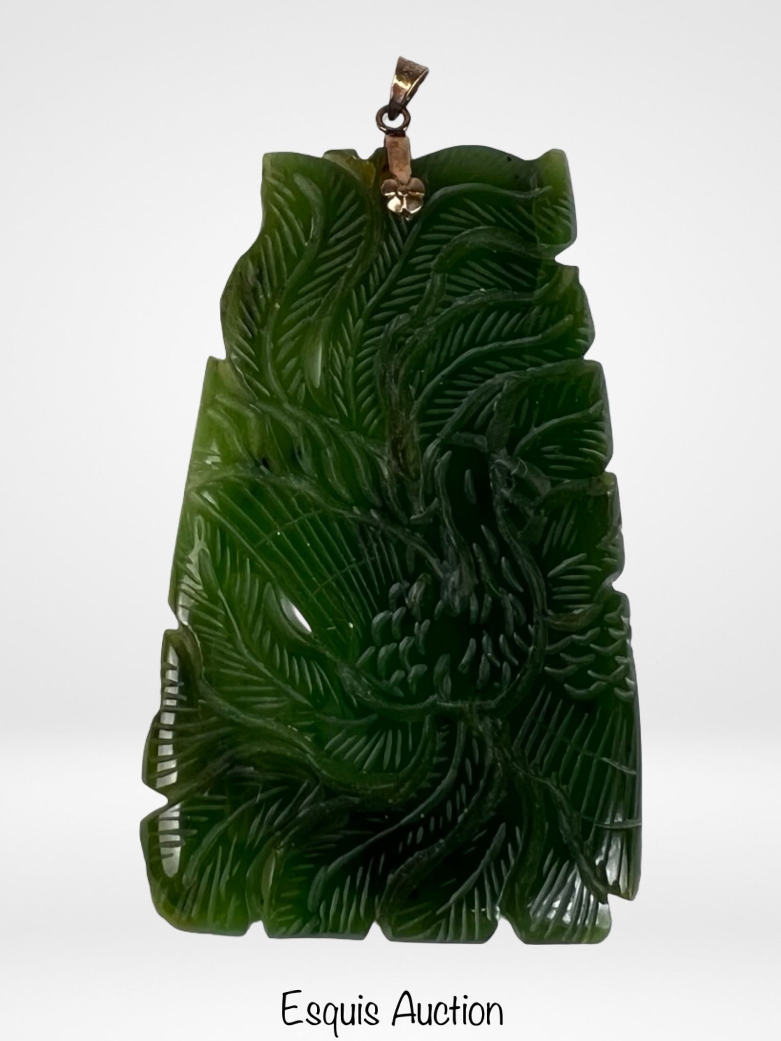 Large 14K Gold Carved Nephrite Jade Bird Pendant: Striking large pendant featuring a beautifully carved nephrite jade plaque adorned with an intricate bird-and-foliage motif. The deep green jade displays rich natural variation and crisp hand-carved d