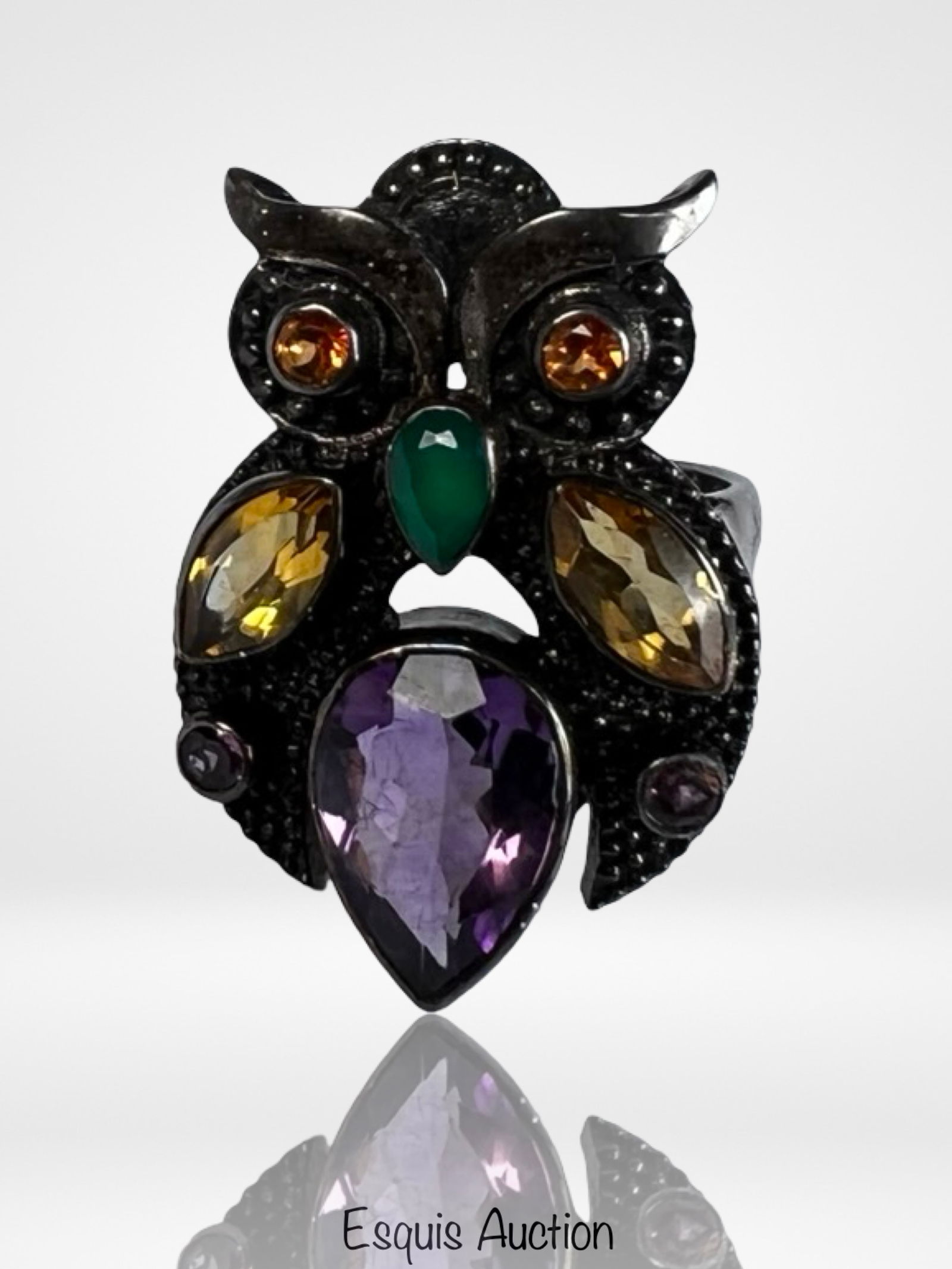Nicky Butler Sterling Silver Owl Ring: Charming and expressive sterling silver owl ring by designer Nicky Butler, set with a richly faceted pear-shape amethyst, golden citrine-tone stones, and a vivid green chalcedony cabochon at the