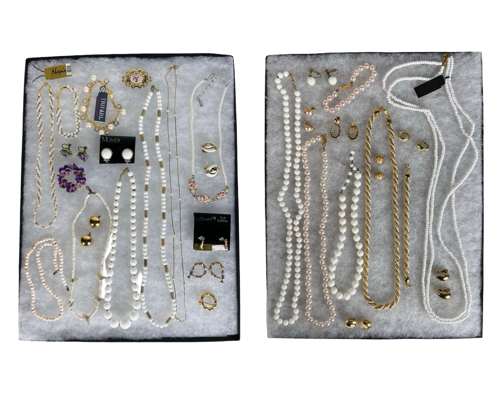Vintage Costume Jewelry - Trifari, Monet: Charming mixed collection of vintage costume jewelry featuring necklaces, bracelets, earrings, and sets from well-known makers including Trifari, Monet, and others. A lovely variety of classic pearl d