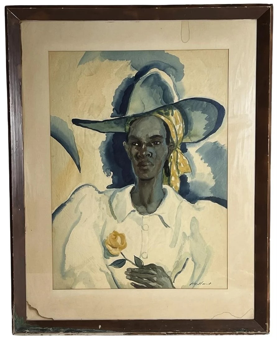 Earlier 20th C Watercolor Portrait - Woman w/ Rose: Striking watercolor portrait of a woman holding a yellow rose, dressed in white and wearing a wide-brimmed hat with yellow scarf. The figure is rendered in expressive blue and ochre tones, creating a