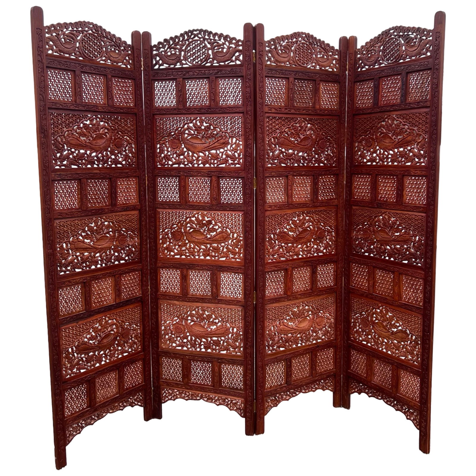 Sheesham 4 Panels Hand-Carved Screen with Peacocks (1 of 4)