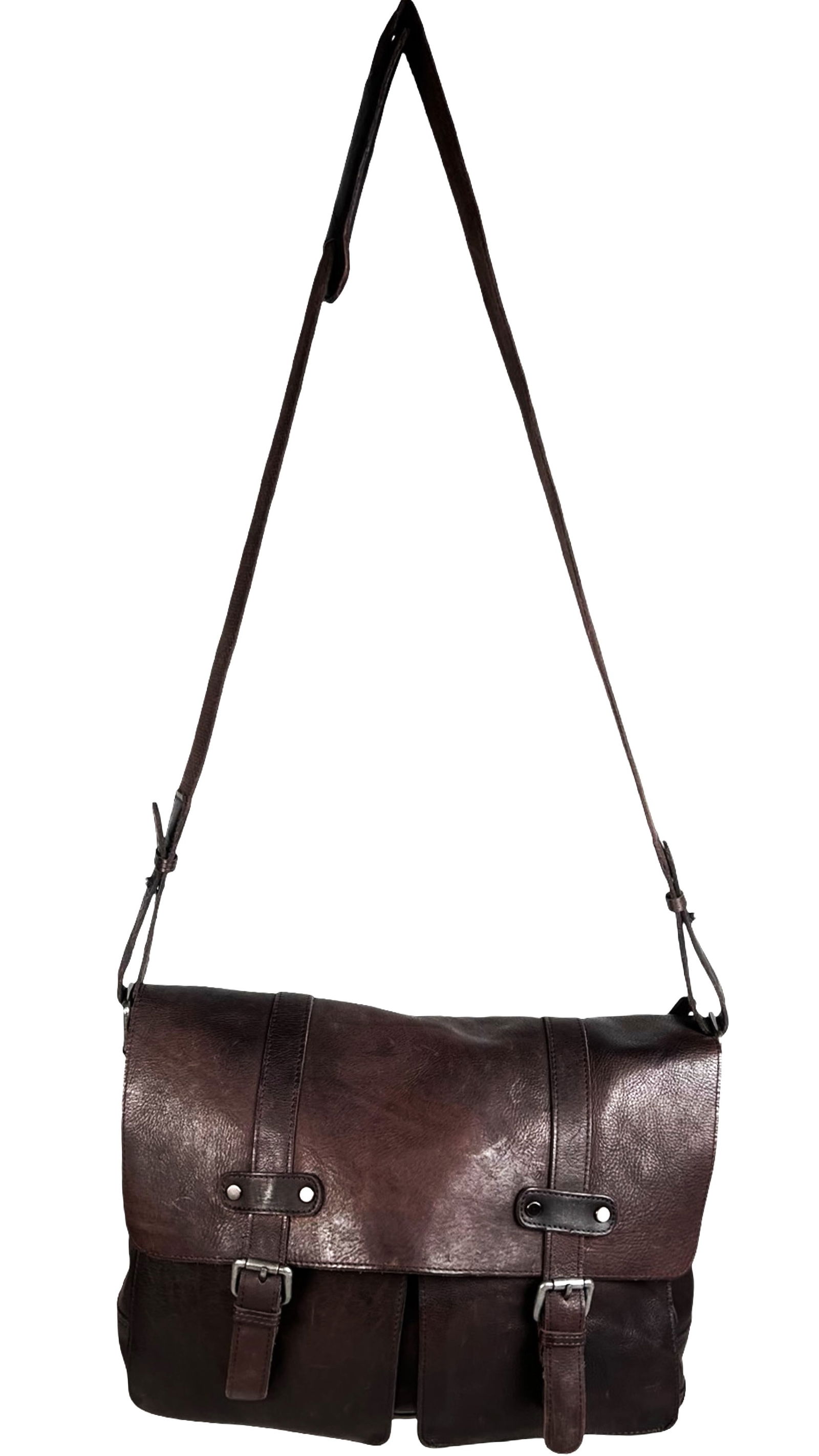 Bosca Men's Full Grain Leather Messenger Bag: Men's dark brown leather messenger with adjustable shoulder strap, dual buckle flap, and padded laptop sleeve. Multiple compartments and zip pocket inside. Good pre-loved condition. Approx. 17" x 13".