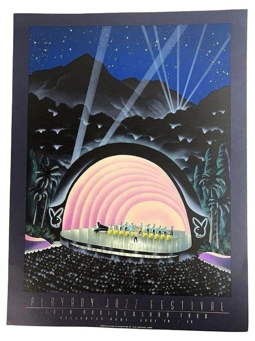 1988 Playboy Jazz Festival Poster - Robert Hoppe: Original 1988 lithographic poster commemorating the 10th Anniversary of the Playboy Jazz Festival at the Hollywood Bowl, designed by Robert Hoppe (1943-1989). The composition showcases a stylized Art