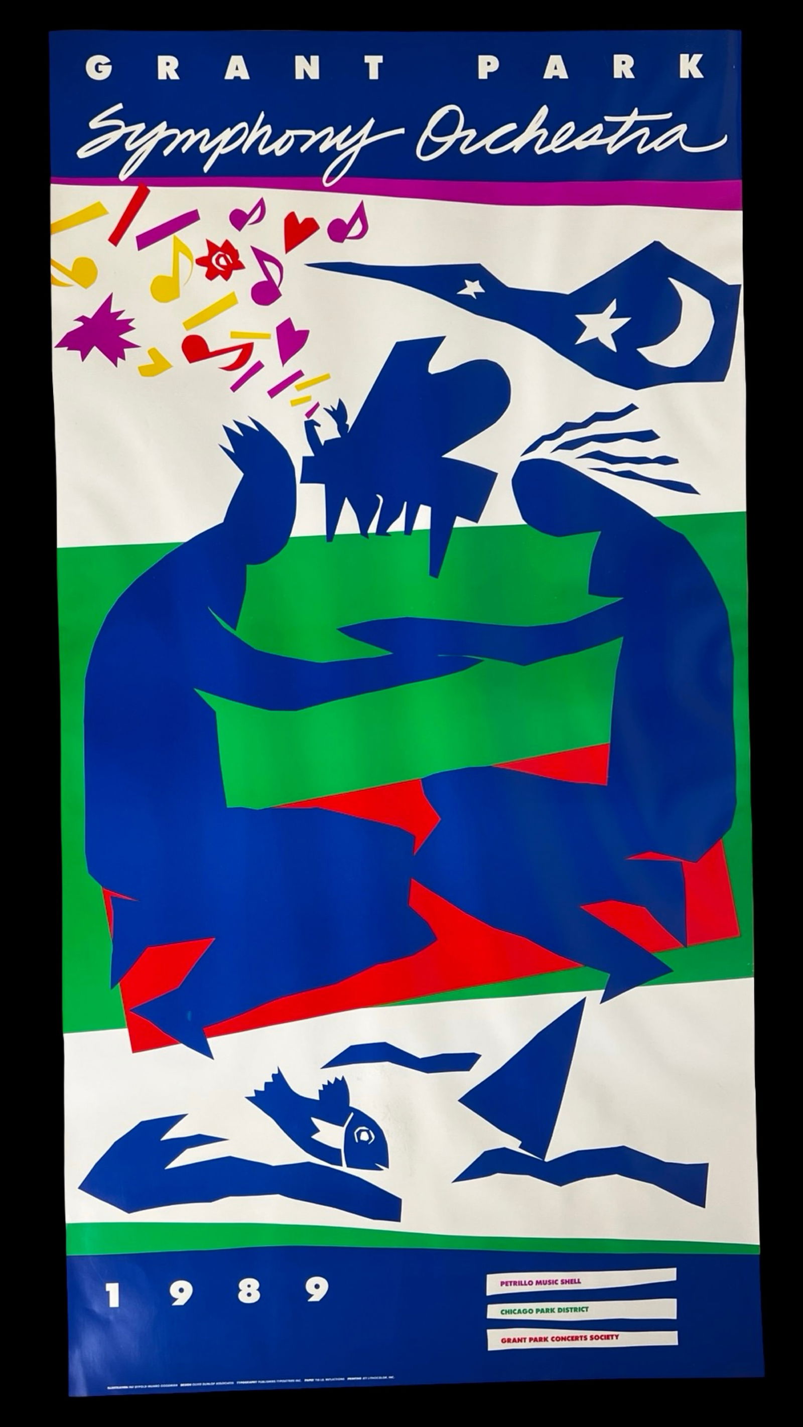 1989 Chicago Grant Park Symphony Orchestra Poster: Lithograph poster produced for the Grant Park Symphony Orchestra's 1989 season. The bold, modern composition is inspired by imagery from Jazz (1947) by Henri Matisse, echoing the dynamic forms and vib