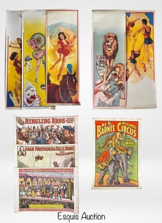 Circus Posters- Ringling Bros., Barnum & Bailey,: This vibrant group of circus posters highlights classic imagery associated with Ringling Bros., Barnum & Bailey, and Adam Forepaugh & Sells Bros.. The selection includes lively scenes of acrobats, aer