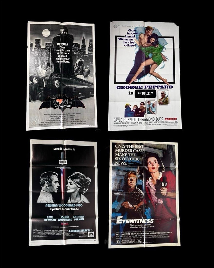 Group of 4 Vintage Movie Posters: Collection of four original 27" x 41" folded one-sheet movie posters, spanning from the late 1960s to early 1980s. Includes Love at First Bite (1979), a vampire spoof comedy starring George Hamilton a