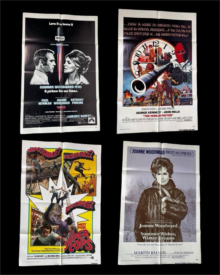 Group of 4 Original 1970s Movie Posters: Group of four original vintage one-sheet movie posters from the 1970s, each measuring 27" x 41" and folded as issued. Includes The Human Factor (1975), an intense political action thriller starring Ge