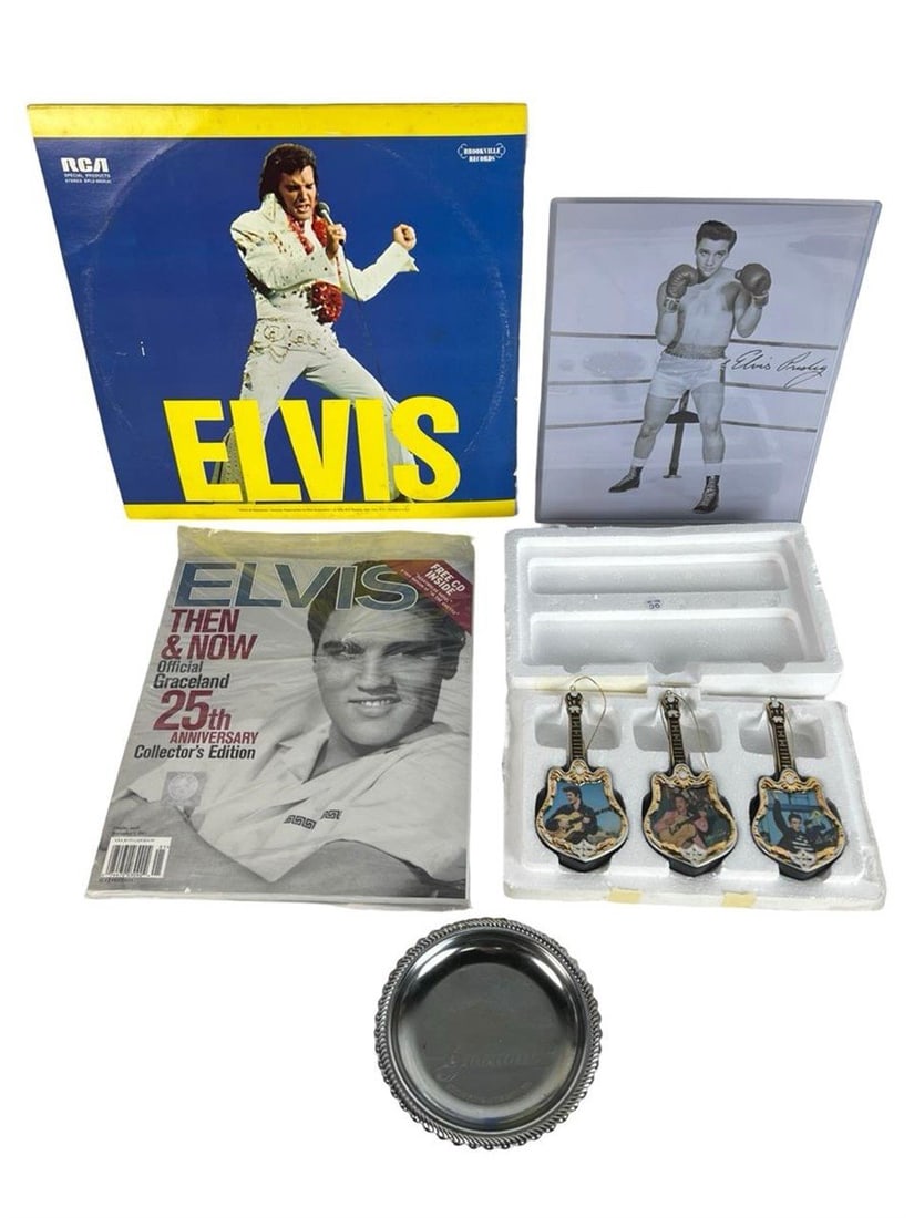 Elvis Presley Memorabilia Collection: A nostalgic bundle celebrating the King of Rock 'n' Roll, this collection includes a 1973 RCA double album with mint vinyl, a sealed 25th Anniversary Graceland magazine with CD, and a boxed set of thr