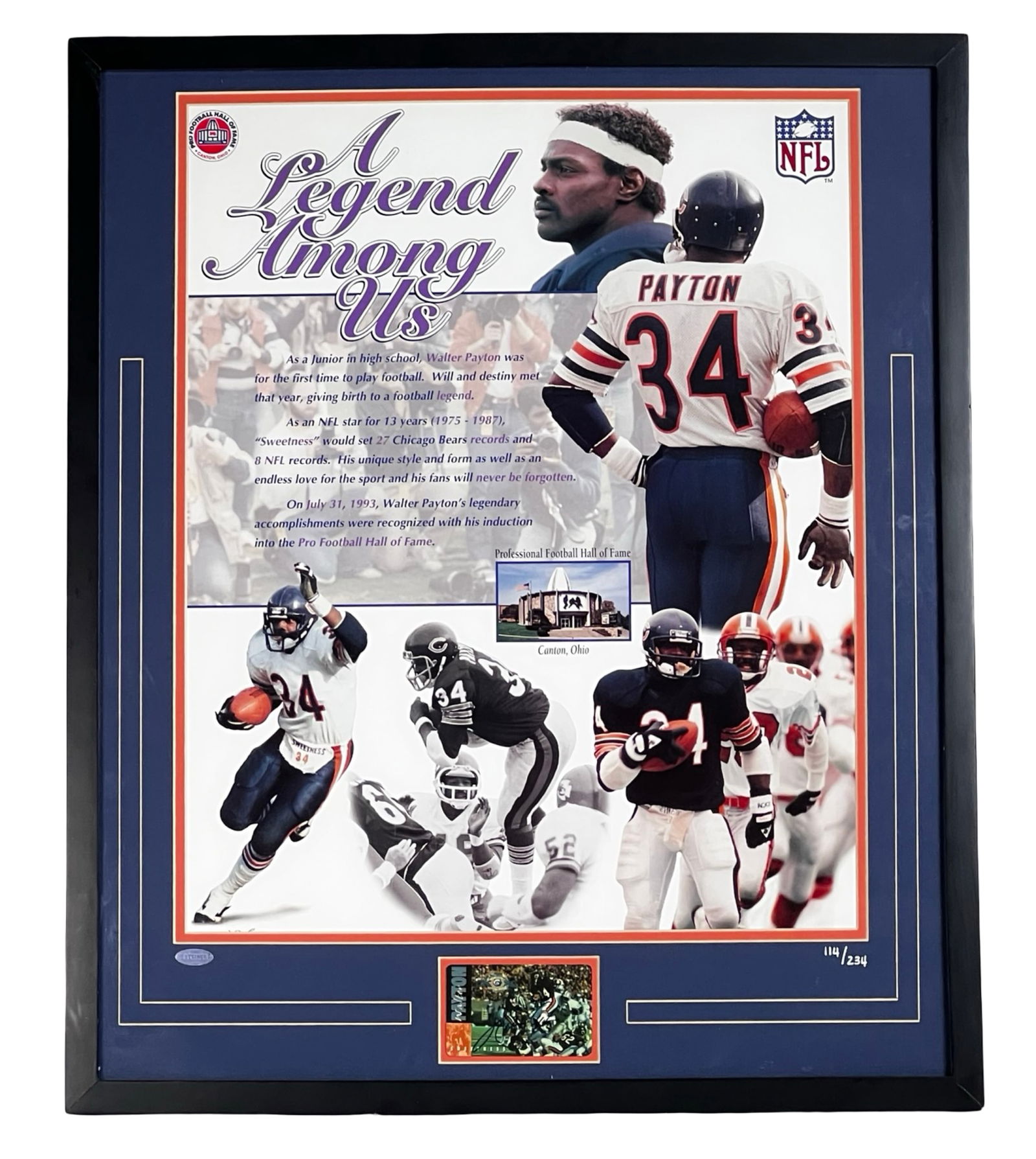 Walter Payton "Legend Among Us"Signed Card Collage: Commemorative framed collage honoring Chicago Bears icon Walter Payton, featuring an authentic hand-signed 1995 10th Anniversary Collection phone card. The display highlights Payton's legendary career