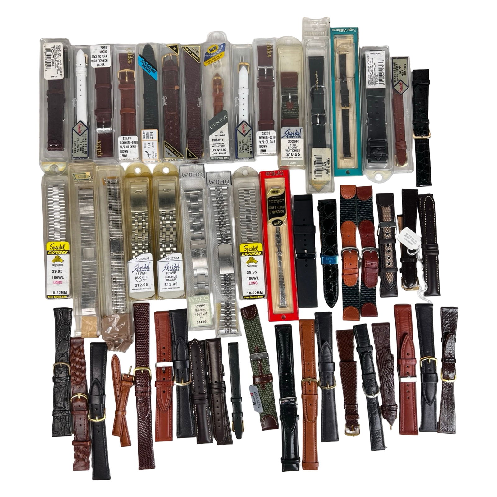 Large Lot of New Old Stock Watch Bands & Bracelets: Extensive assortment of New Old Stock watch bands and bracelets, many still sealed in original retail packaging. This mixed lot includes leather straps, metal link bracelets, expansion bands, and spor