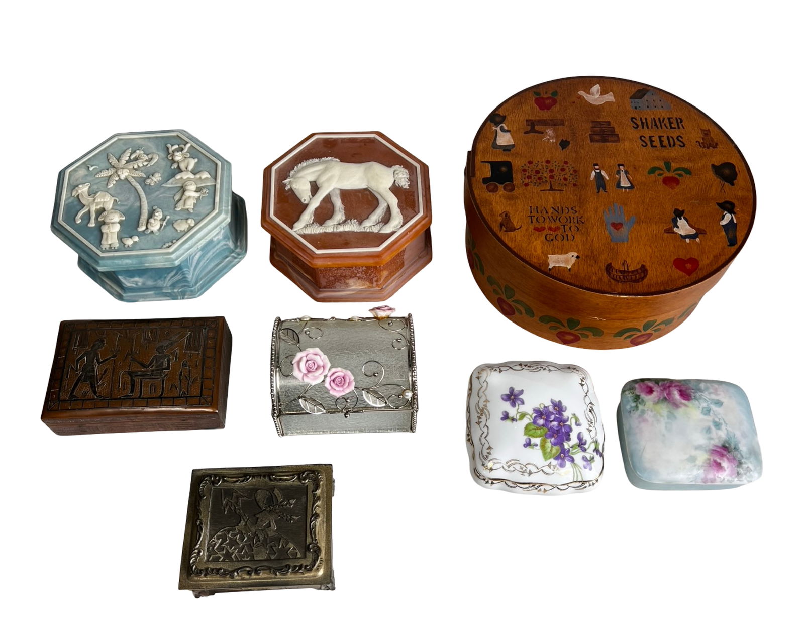 Keepsake, Trinket, Jewelry & Cigarette Boxes: An appealing assortment of decorative keepsake, trinket, jewelry, and cigarette boxes showcasing a wide variety of materials, styles, and motifs. The group includes carved and embossed metal boxes wit