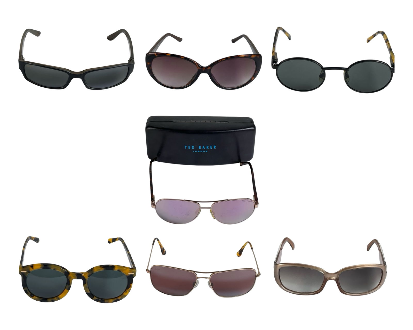 Designer Sunglasses - Calvin Klein, Maui Jim, Kare: Stylish assortment of designer sunglasses featuring a mix of classic and contemporary silhouettes, including oval, cat-eye, and streamlined rectangular frames. The group showcases a range of finishes