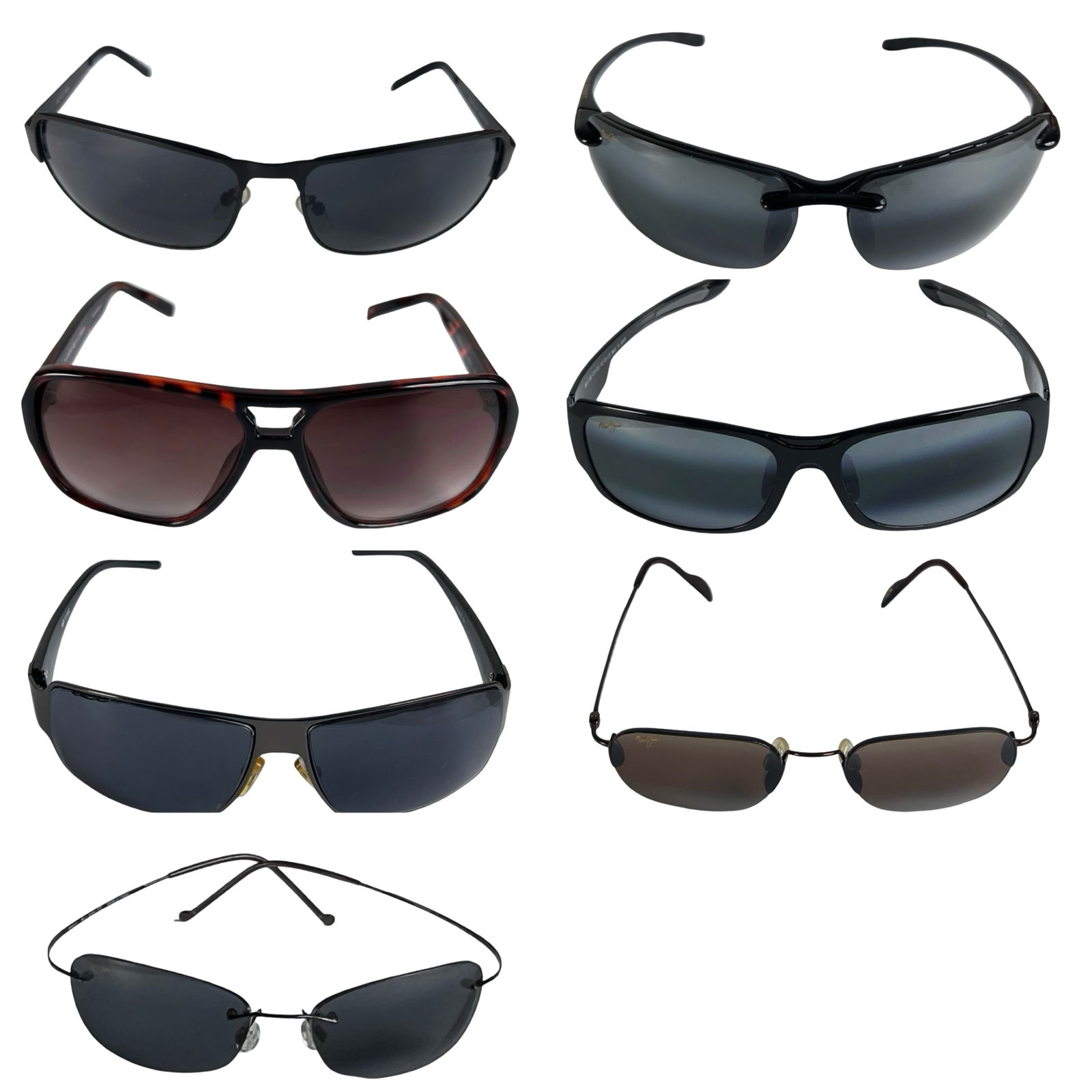 Designer Sunglasses - Maui Jim, Tommy Hilfiger,: Stylish mixed group of designer sunglasses featuring four pairs by Maui Jim, along with additional pairs by Tommy Hilfiger and Kenneth Cole. The assortment includes a range of sleek wraparound and min