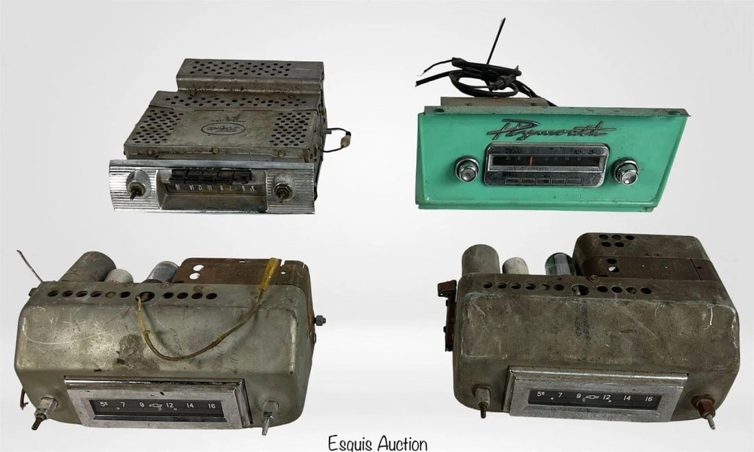 Vintage 1950s Car Radios - Chevy, Ford, Plymouth: Group of four original 1950s car radios, including two Delco 12V AM tube radios for 1955-1956 Chevrolet Bel Air, one turquoise dash-mounted radio from a 1950s Plymouth Savoy, and one chrome-faced Ford
