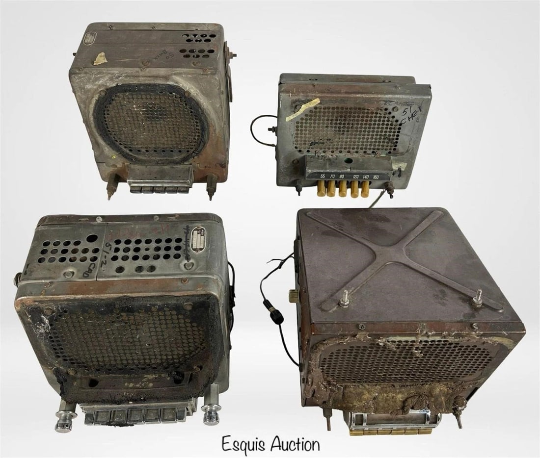 1940s-1950s Car Tube Radios- Chevrolet & Buick: Collection of four classic car radios, including a 1940s Chevrolet tube radio, a 1950s Buick dash-mounted unit, a 1950s Chevrolet radio, and a 1949-1950 Buick model. These rugged metal-cased radios sh