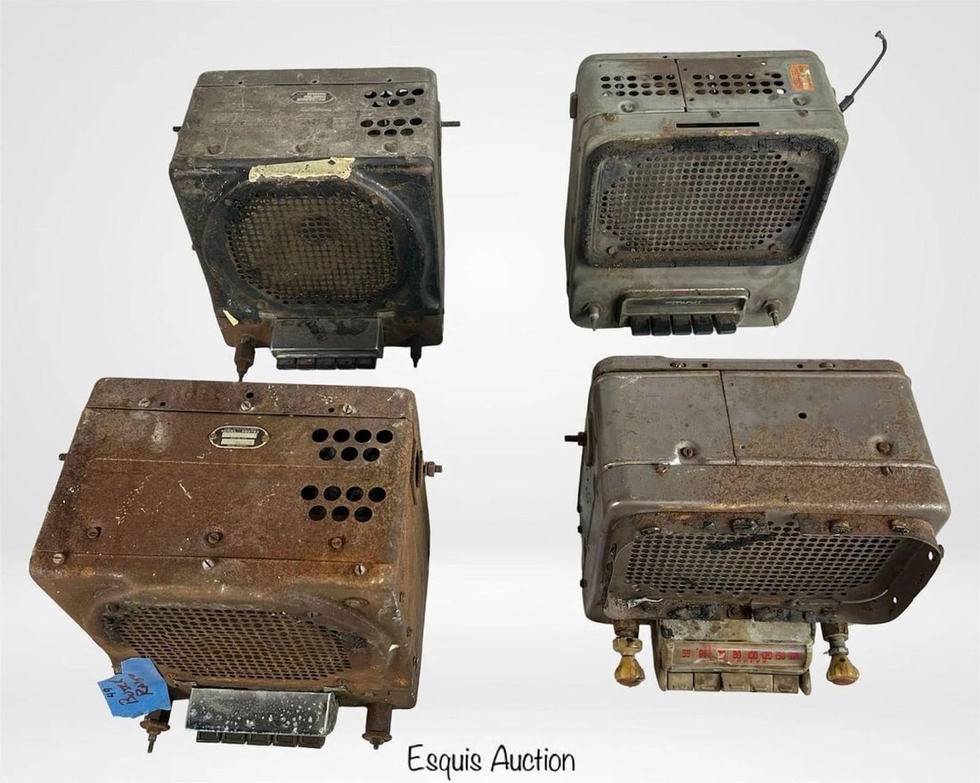 1946-1950s Car Tube Radios- Chevrolet & Buick: Group includes a 1946-1948 Chevrolet tube radio, a 1950s Buick radio, a 1949-1950 Buick radio, and a 1949 Buick dash-mounted model. These classic units feature integrated speakers, manual tuning, and