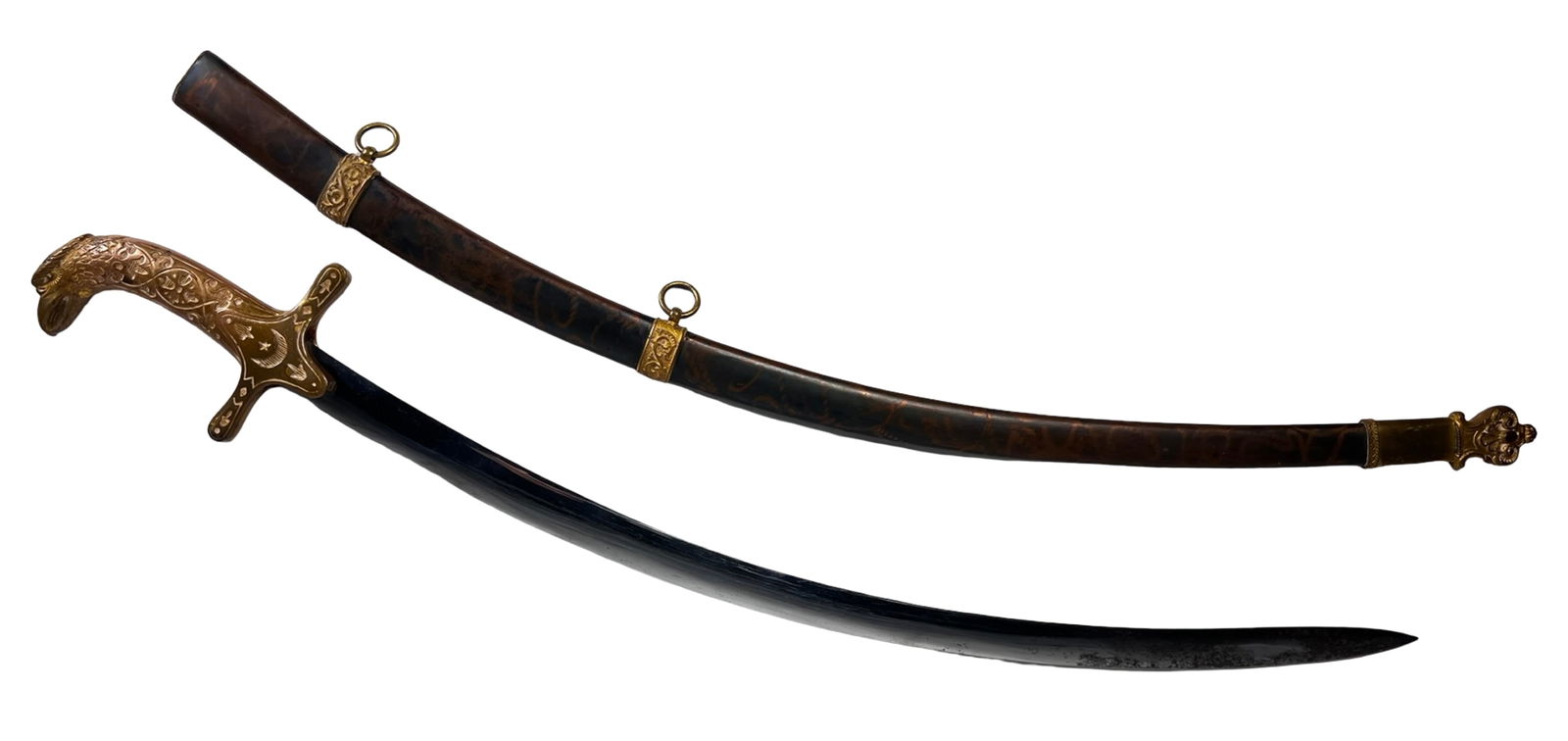 Fraternal Masonic Shriners Curved Sword - Solingen: Fraternal sword for the Shriners, featuring a gracefully curved Solingen, Germany steel blade. The blade measures approximately 25 inches in length, with an overall length of 30 inches.The hilt is