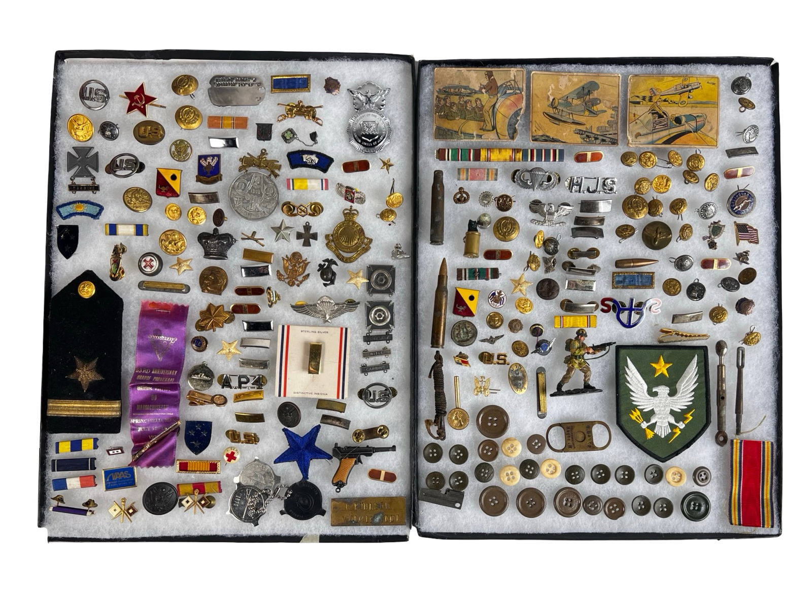 Military Pins, Medals & Insignia- incl Sterling: Extensive assortment of vintage military-related items including pins, medals, insignia, buttons, ribbon bars, collar devices, badges, and various metal emblems. The group appears to span multiple era