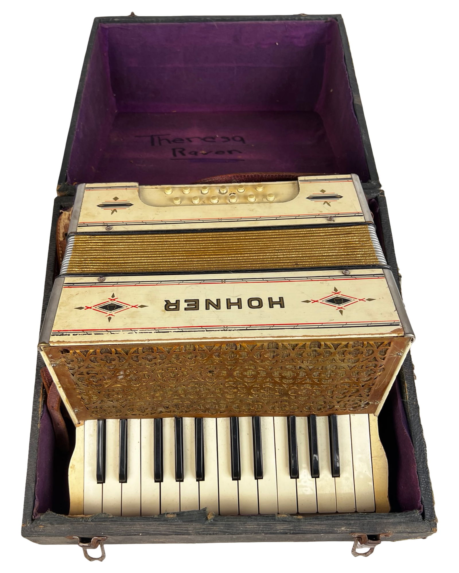Early 20th Century M. Hohner German Accordion: Early 20th century accordion by M. Hohner, Germany, featuring a cream and gilt-accented body with patterned grillework and original black and white piano-style keys. Includes its original fitted case