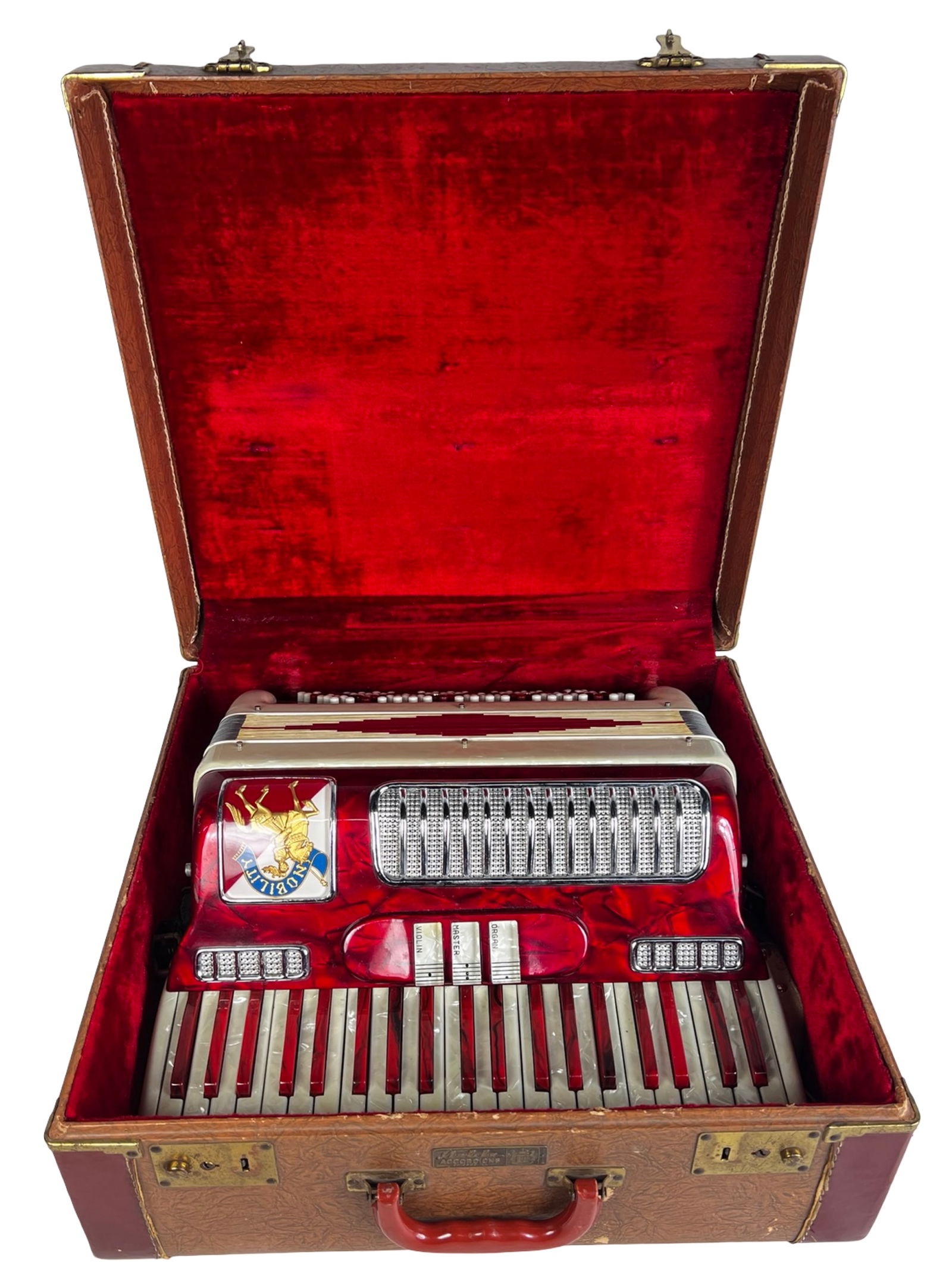 Vintage Italian Noble "Nobility" Accordion: Striking vintage Italian Noble "Nobility" accordion featuring a vibrant red marbled body with cream pearloid accents and chrome grille detailing. The front displays the Nobility emblem with knight