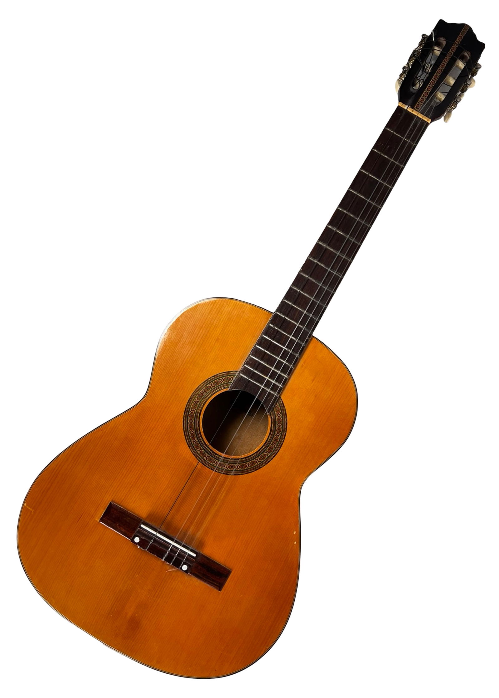 Vintage Classical Acoustic Guitar: Vintage classical acoustic guitar marked "Made in Korea" on the interior label. Features a traditional natural finish top with rosette detail around the soundhole, dark-stained back and sides, and a