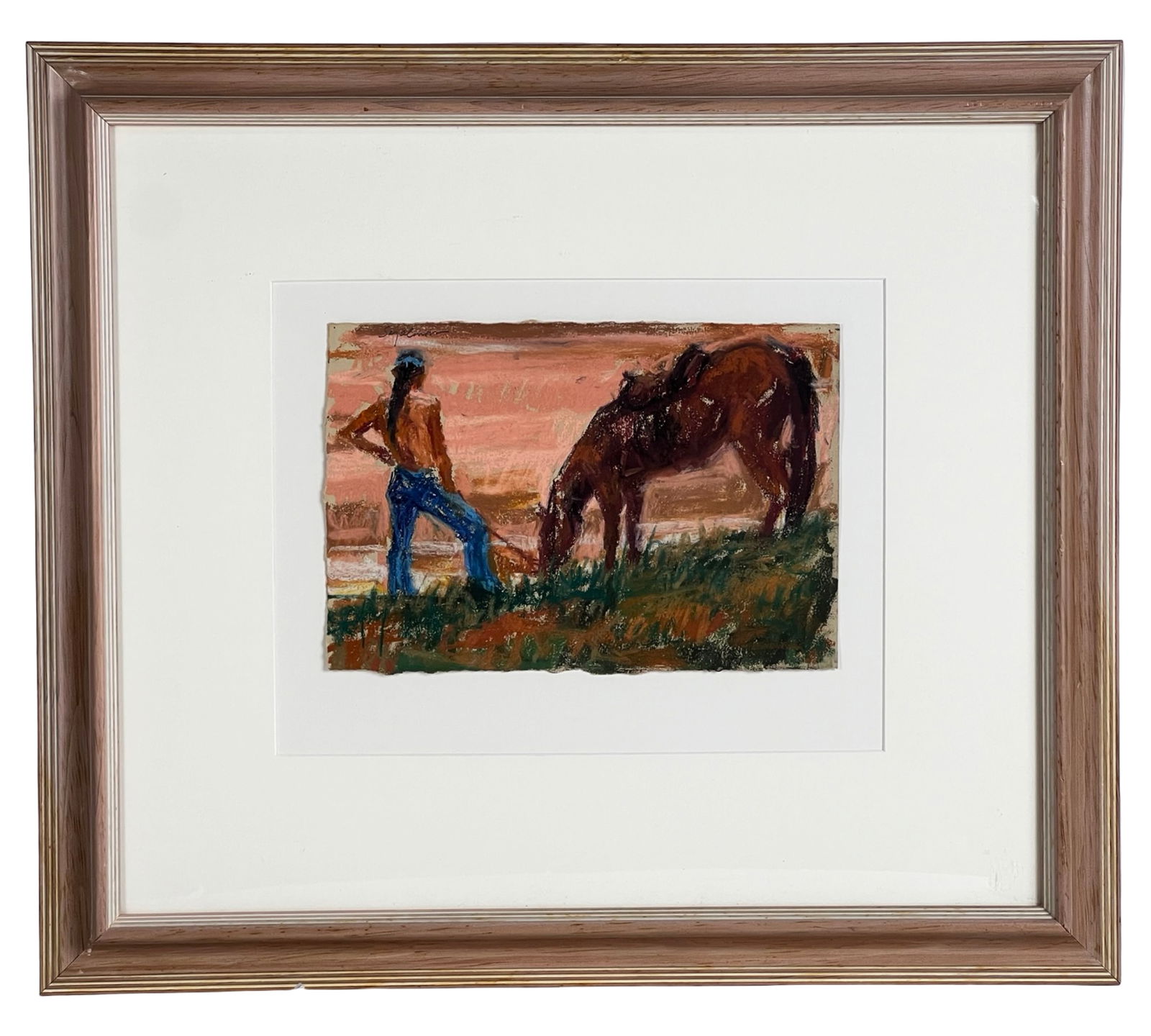 Richard Segalman "Cool Break" Pastel Painting: "Cool Break" is a 1990 pastel on paper by listed American artist Richard Segalman, depicting a quiet, contemplative moment between a figure and horse set against a warm, atmospheric landscape.