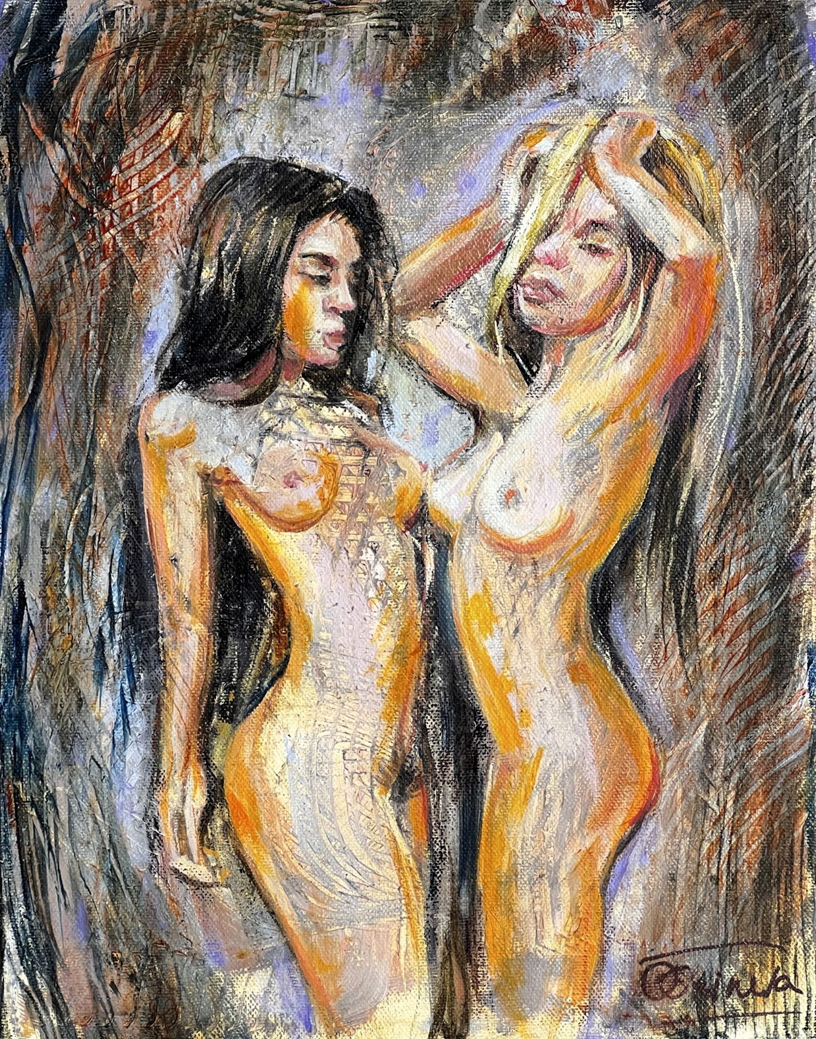 Oksana Grineva - Passionate Sensual Oil Painting: Expressive and emotionally charged, this original oil painting by Oksana Grineva captures two intertwined female figures rendered in her signature sensual, painterly style. The composition emphasizes