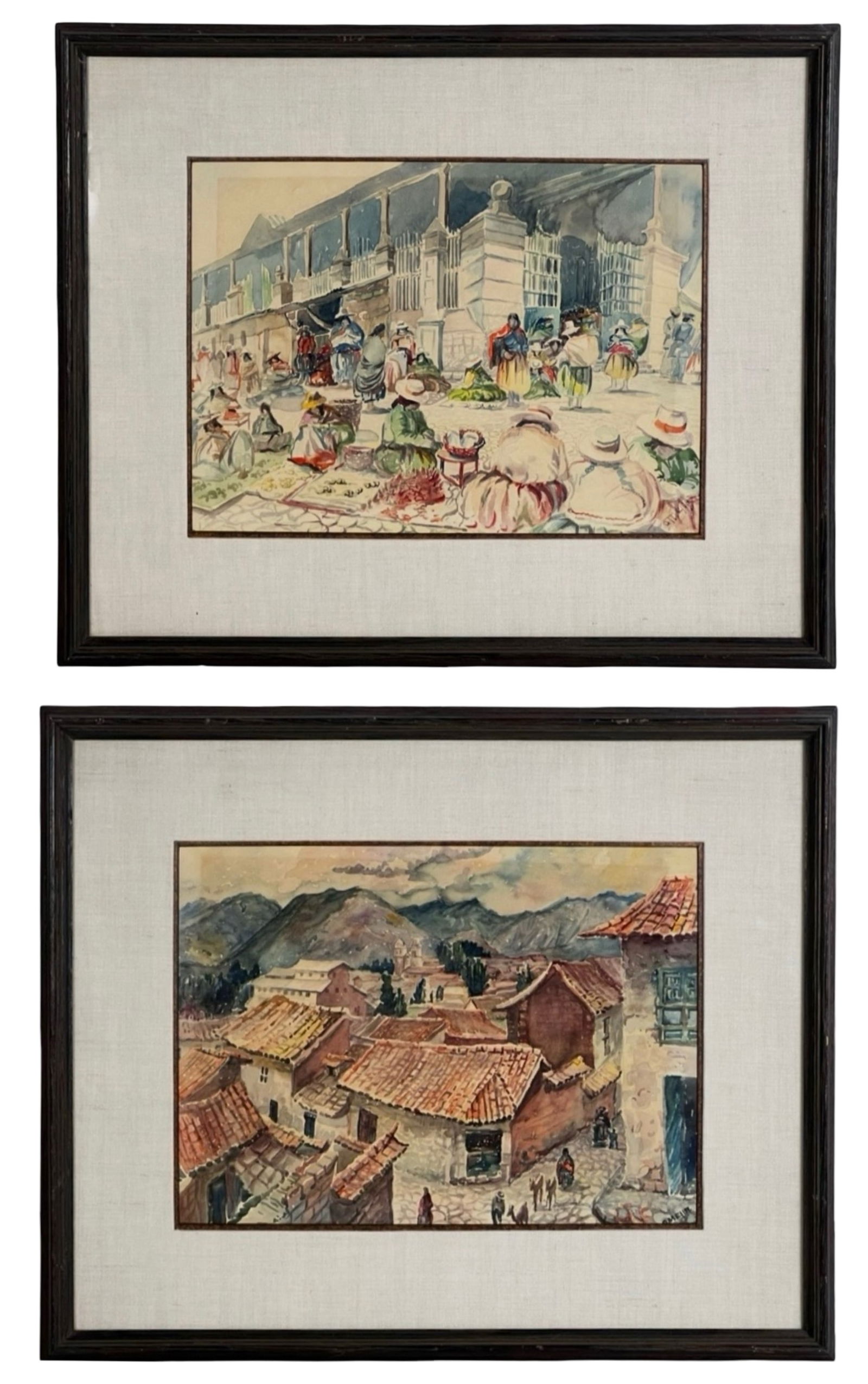 Pair of Early 20th Century Watercolors by O. Melia: Attractive pair of earlier 20th century watercolor paintings signed O. Melia, each depicting vibrant Central or South American scenes rendered with lively brushwork and warm, atmospheric color.One