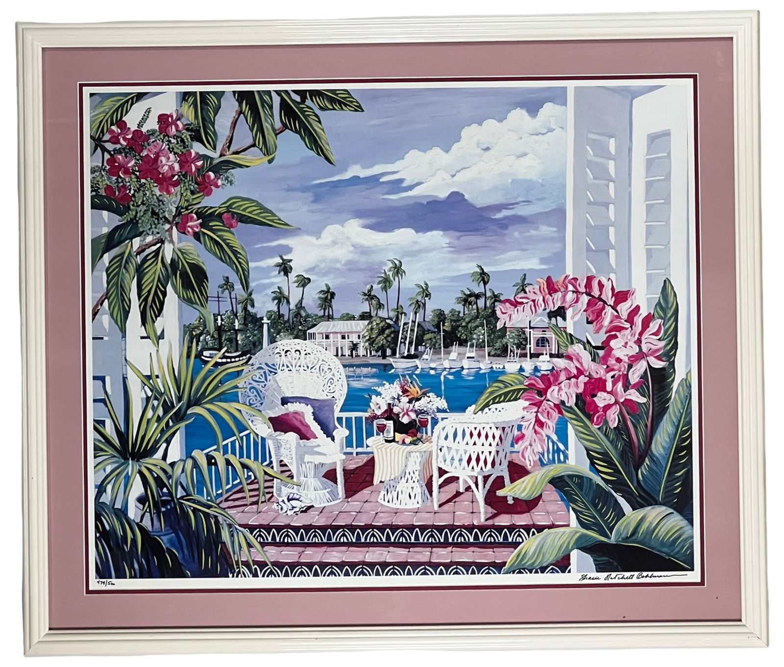 Sharie Hatchett Bohlman "Tradewinds" LE Serigraph: Vibrant and richly detailed, Tradewinds by Sharie Hatchett Bohlman captures a serene tropical veranda overlooking sparkling blue waters lined with sailboats and swaying palms. Framed by lush pink flor