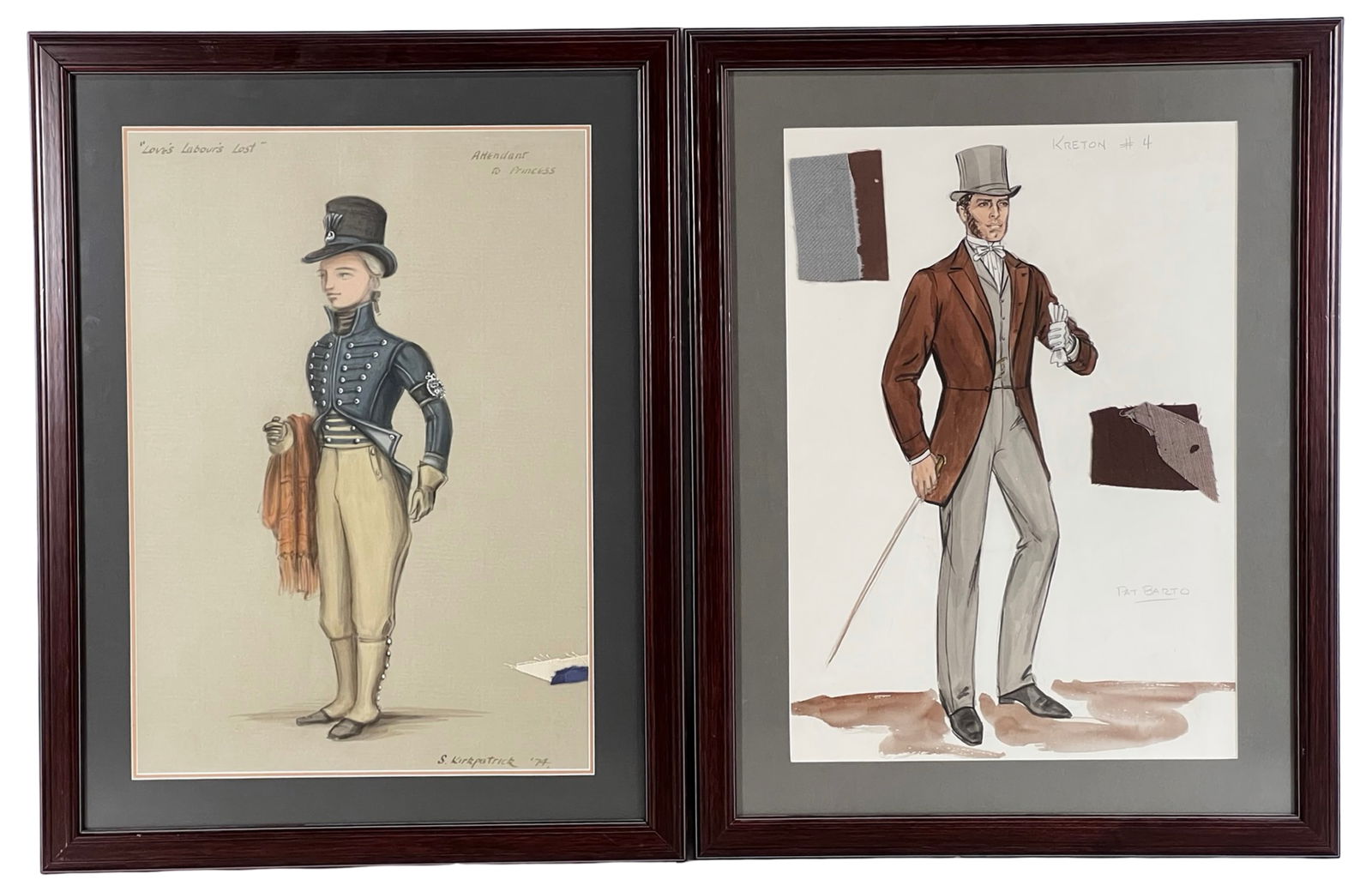 Original Vintage Theater Costume Design Drawings: A striking pair of original vintage theater costume design drawings, each professionally framed and measuring approximately 23" x 18".The first, signed S. Kirkpatrick '74, is titled "Love's Labour's