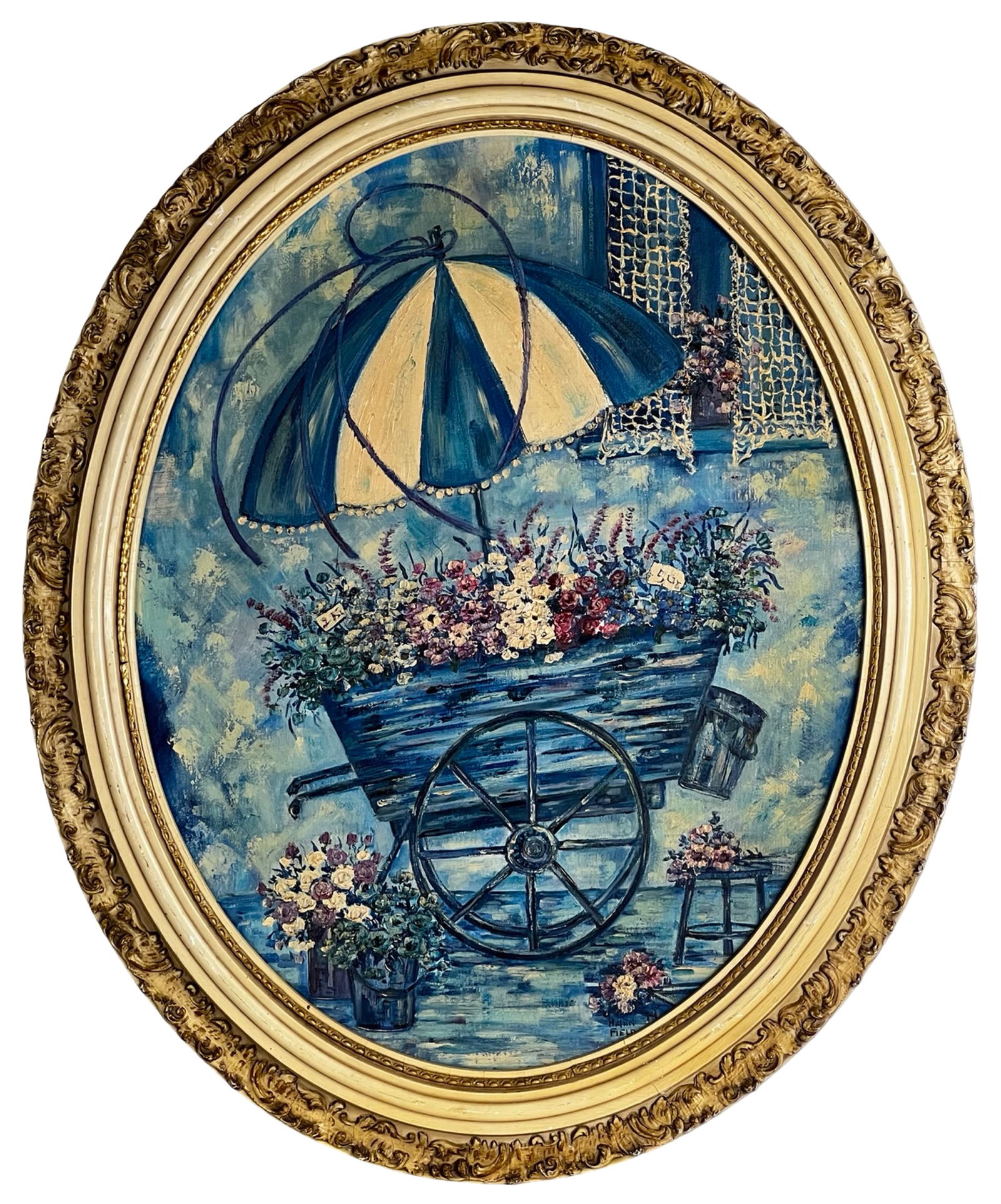 Helen Field - Floral Cart Still Life Oil Painting: Helen Field- Charming and decorative oil painting on artist board depicting a romantic floral cart scene rendered in rich shades of blue. The composition features a flower-filled wooden cart beneath