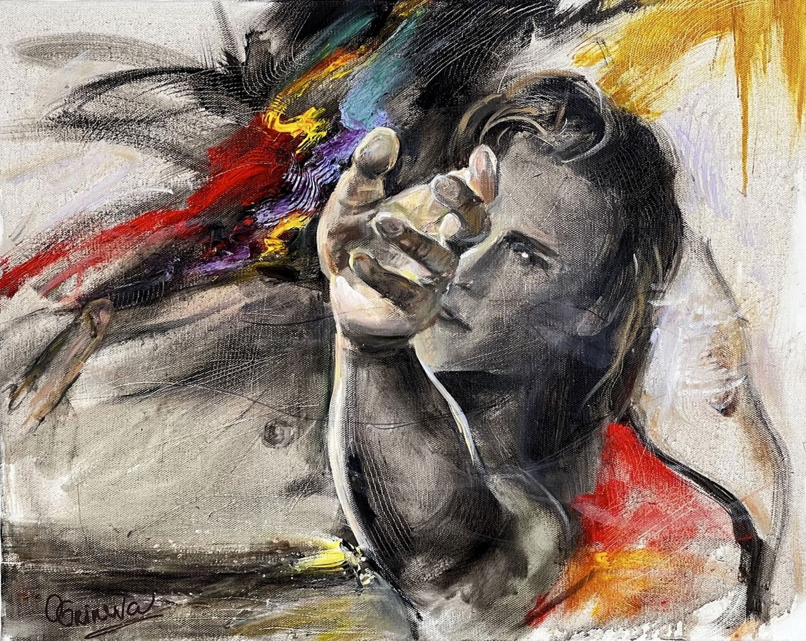 Oksana Grineva Sensual Figurative Oil Painting: Expressive and emotionally charged, this original oil painting by Oksana Grineva presents a striking figurative composition rendered in her signature sensual style. The central figure emerges from