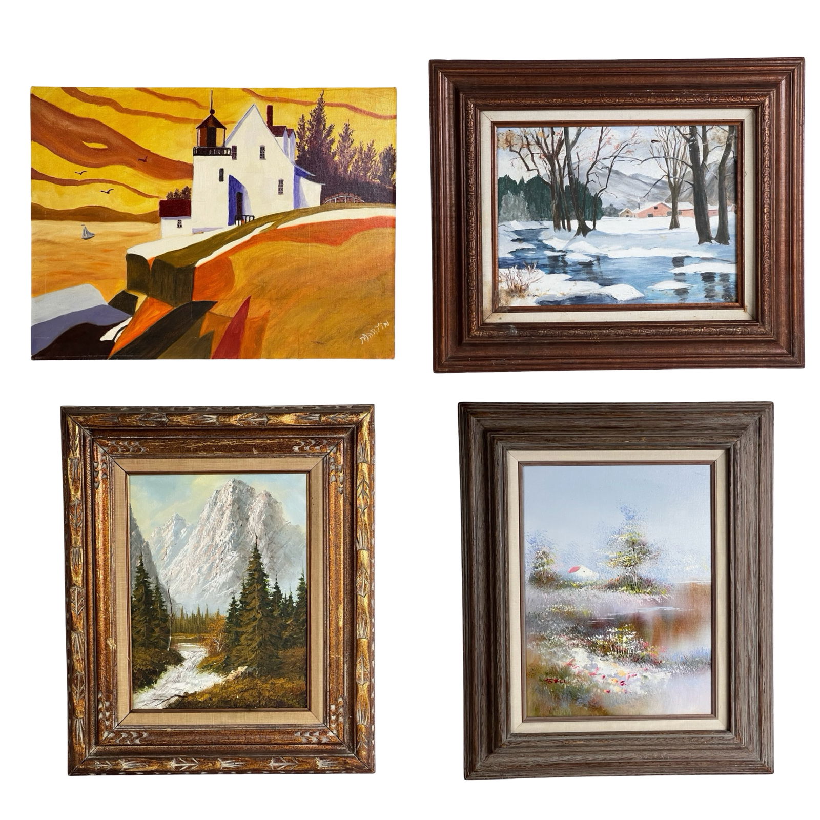 Oil Paintings - Landscapes & Coastal Scene: Group of four oil paintings featuring varied landscape subjects and styles. The collection includes one unframed modern coastal lighthouse scene rendered in bold, saturated yellows and oranges, along