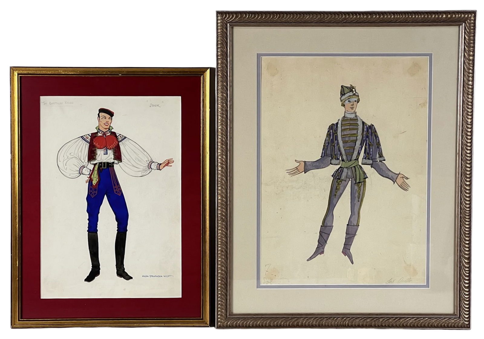 Original Vintage Theater Costume Design Drawings: Charming pair of original vintage theater costume design drawings, each professionally framed and matted. These hand-rendered works capture the elegance and theatrical flair of mid-20th century stage