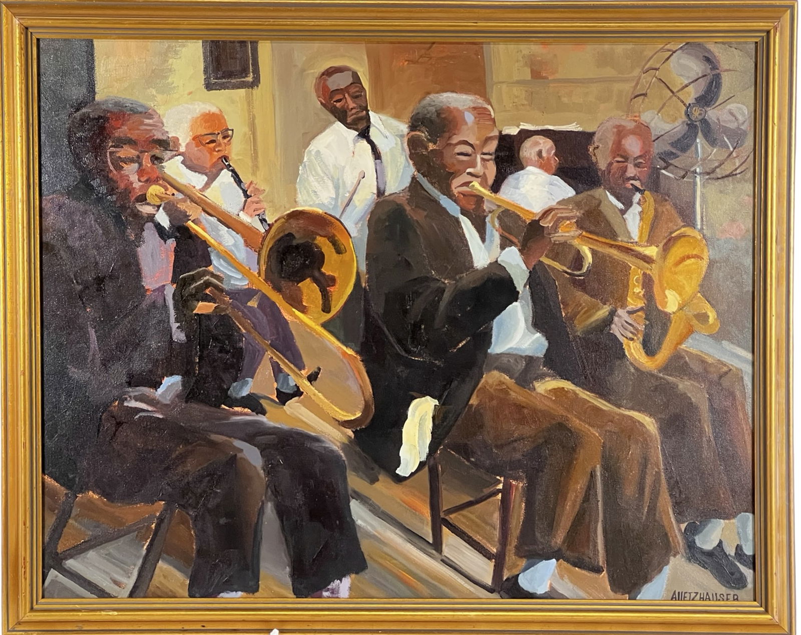 Mid-Century Expressionist Jazz Band Scene Painting: Vibrant oil on canvas depicting an intimate jazz ensemble mid-performance, rendered in a bold Expressionist style. The composition focuses on brass musicians seated closely together, their