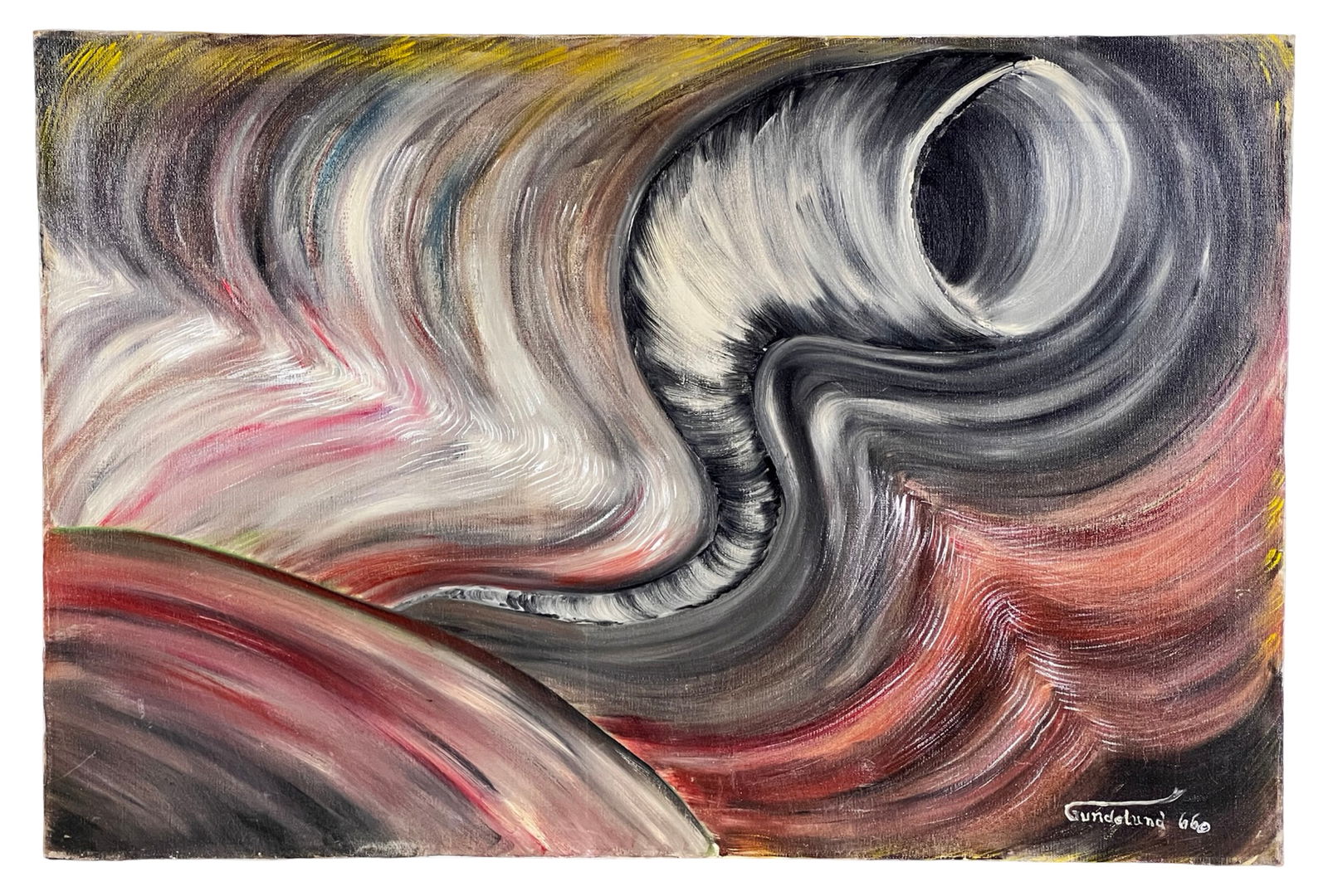 Abstract Expressionist Oil Painting by Gundelund: Dynamic and visually striking, this 1966 oil on canvas composition embodies the bold movement and emotional intensity of Abstract Expressionism. Sweeping, fluid brushstrokes create a powerful