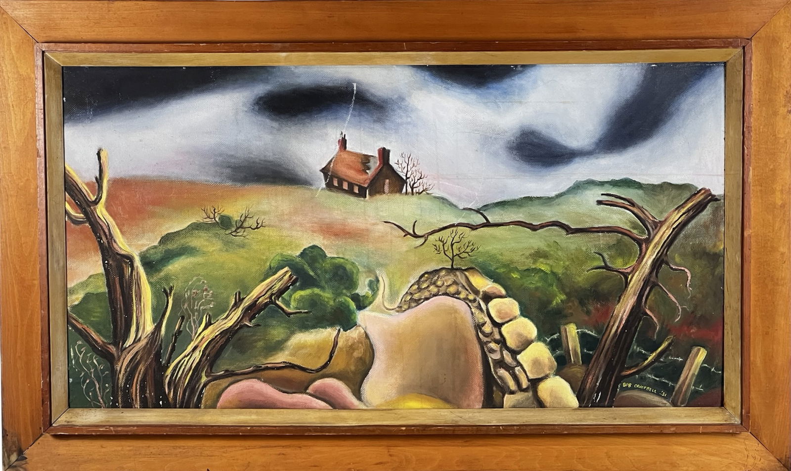 Robert Campbell Surrealist Landscape Oil Painting: Striking Surrealist landscape by Robert Campbell, signed and dated 1951 lower right. Executed in oil on board, the composition presents a dreamlike countryside with a solitary house set against