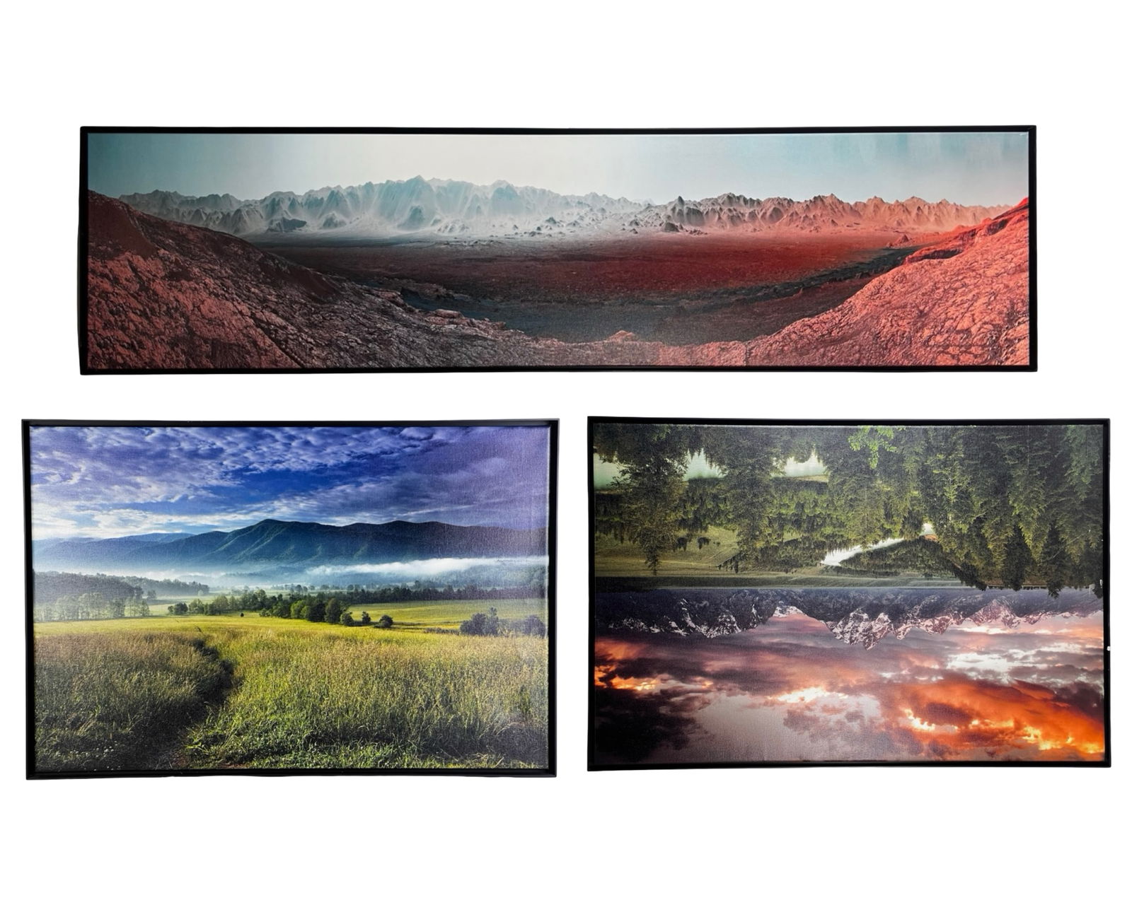 Landscape Art P - Mars Gale Crater, Cades Cove & T: Collection of three large-format framed art prints on canvas featuring dramatic natural and planetary landscapes. Each piece is stretched on canvas and housed in a sleek black frame, ready for display