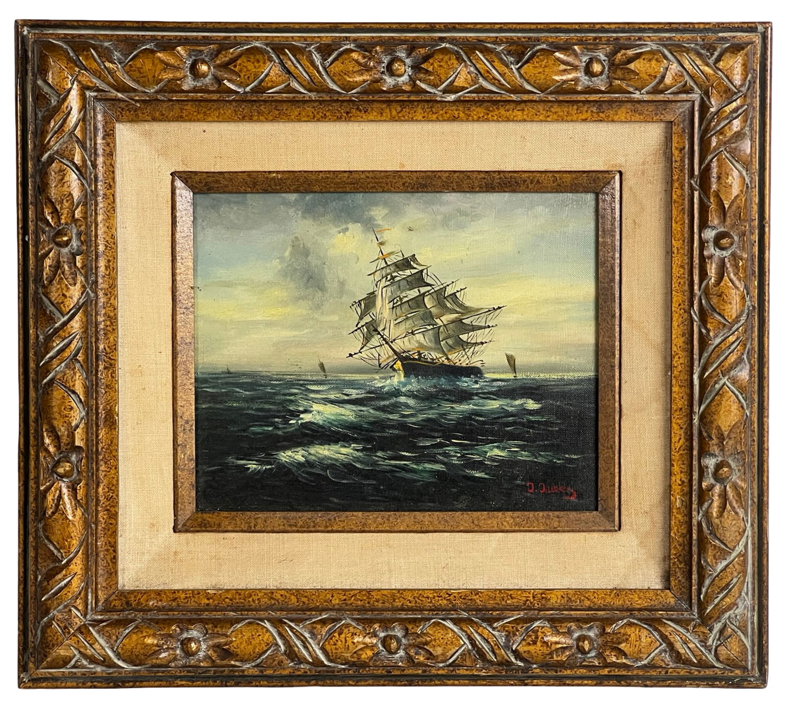 J. James Nautical Maritime Clipper Ship Painting: Original nautical oil painting by J. James depicting a majestic clipper ship under full sail navigating rolling ocean waves beneath a softly lit sky. The composition captures the movement of the sea