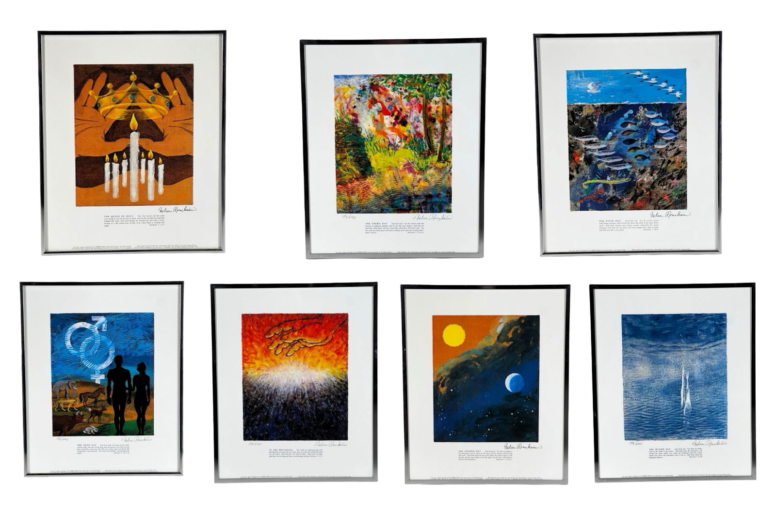 Nelson Ronsheim "Genesis Series" - Signed Lithos: Complete set of seven limited edition lithographs from Nelson Ronsheim's celebrated Genesis Series, each hand signed in pencil and individually numbered. The series visually interprets the Biblical ac