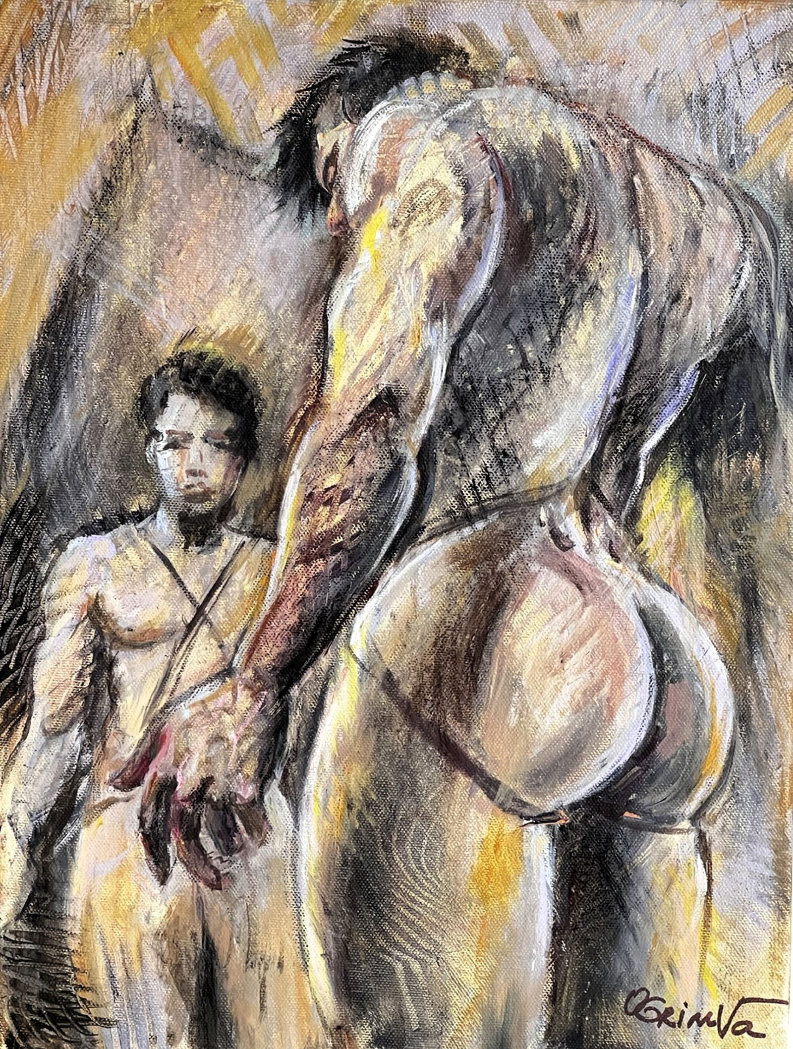 Oksana Grineva Erotic Sensual Figural Oil Painting: Expressive and emotionally charged, this original oil on canvas by Oksana Grineva presents a powerful figurative composition rendered in her signature sensual style. The scene captures two