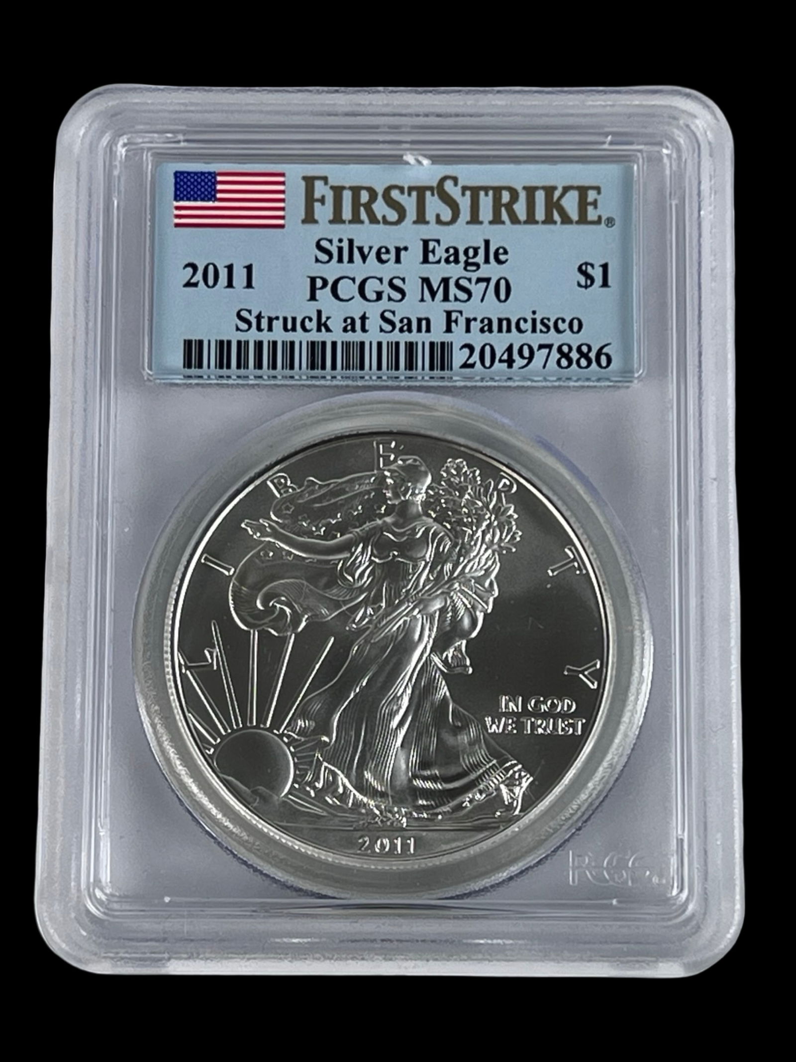 2011 Silver Eagle Dollar Coin First Strike MS70: 2011 Silver Eagle Dollar Coin. First Strike. MS70 Graded.