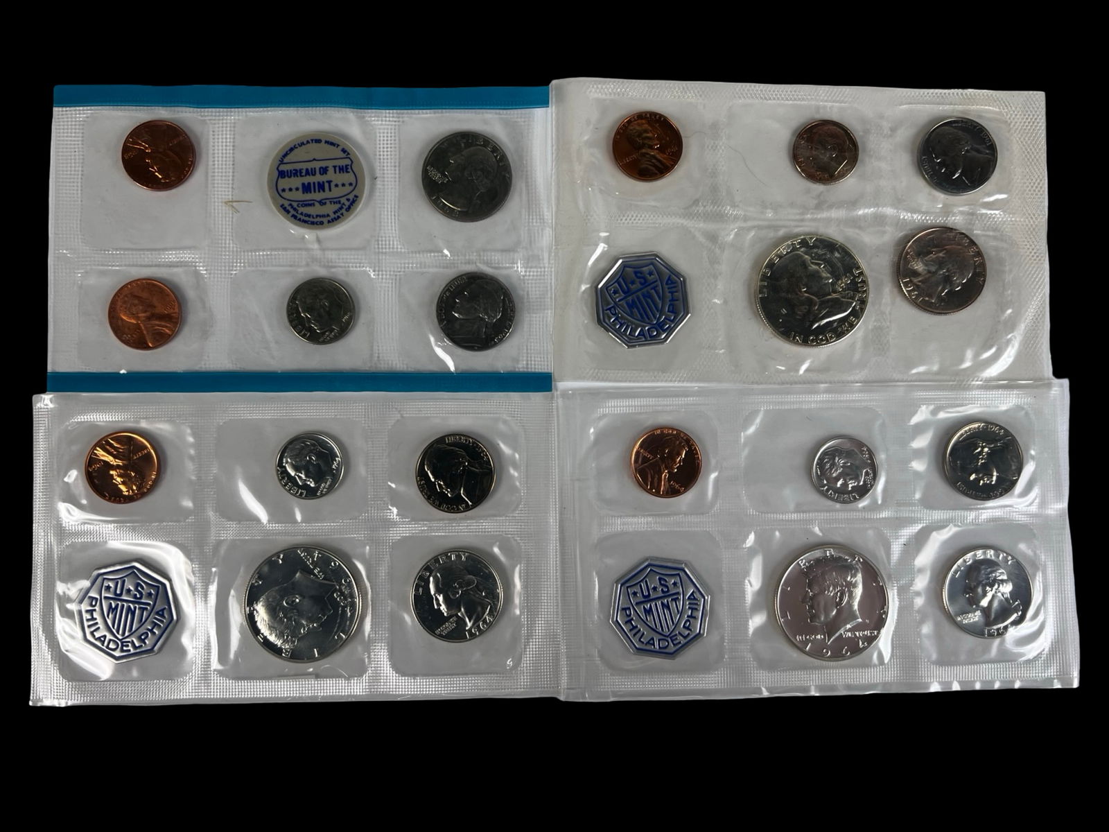 1960's US Philadelphia Mint Coin Sets- SIlver: 1961 Philadelphia Mint Coins Set; with Silver 2 1964 Philadelphia Mint Coins Sets with Silver and 1968 Philadelphia Mint Coin Set